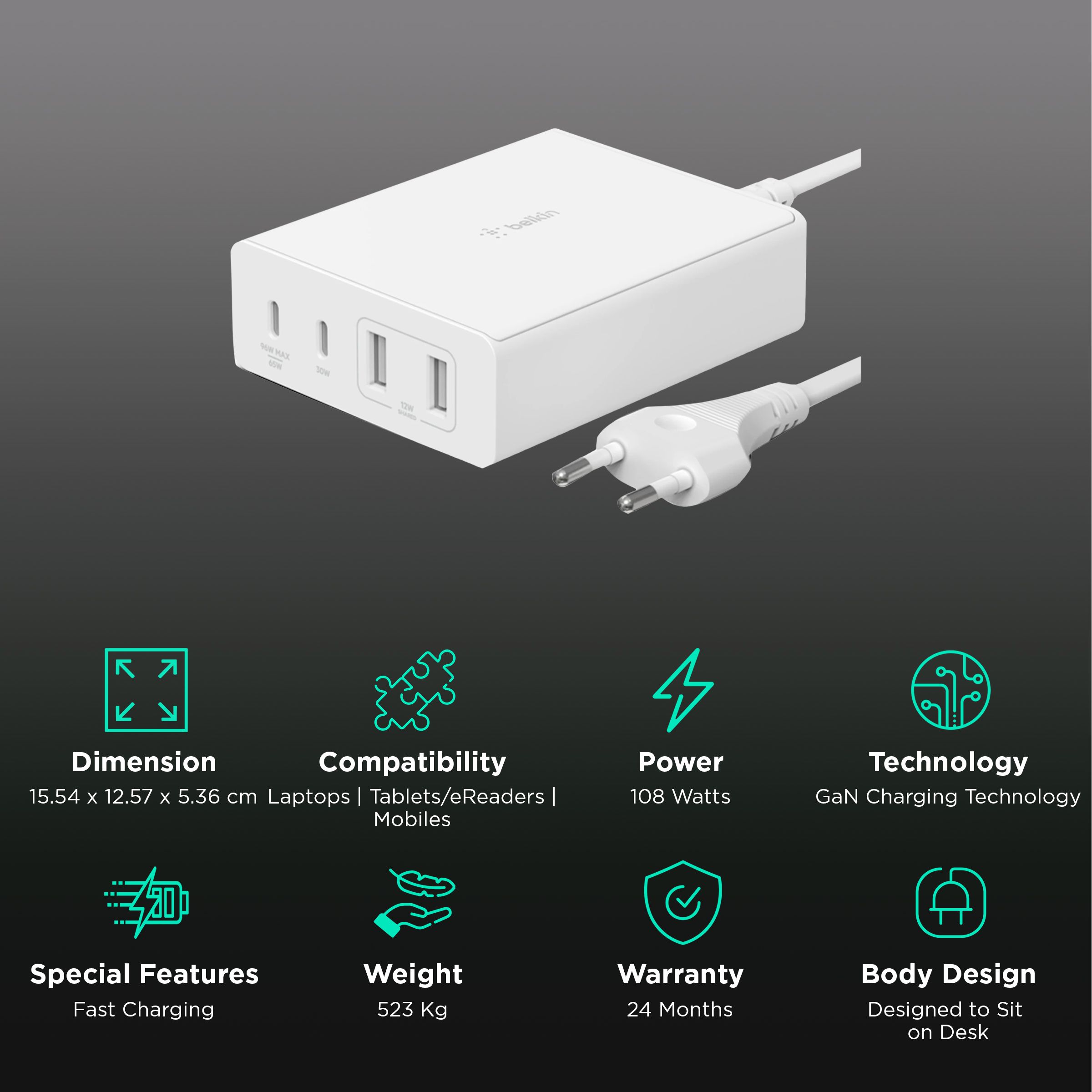 belkin BoostCharge Pro 108W Type A and Type C 4 Port GaN Charger (Fast Charge 3.0, White) belkin BoostCharge Pro 108W Type A and Type C 4 Port GaN Charger (Fast Charge 3.0, White)_2