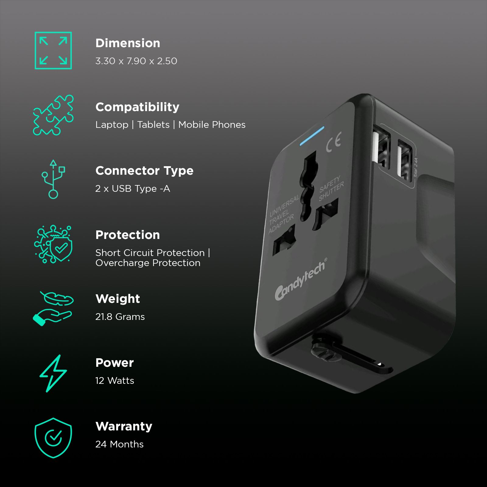 Candytech CT-C10 12W Type A 2-Port Travel Adapter (Type A, Dual USB Port, Black)_2
