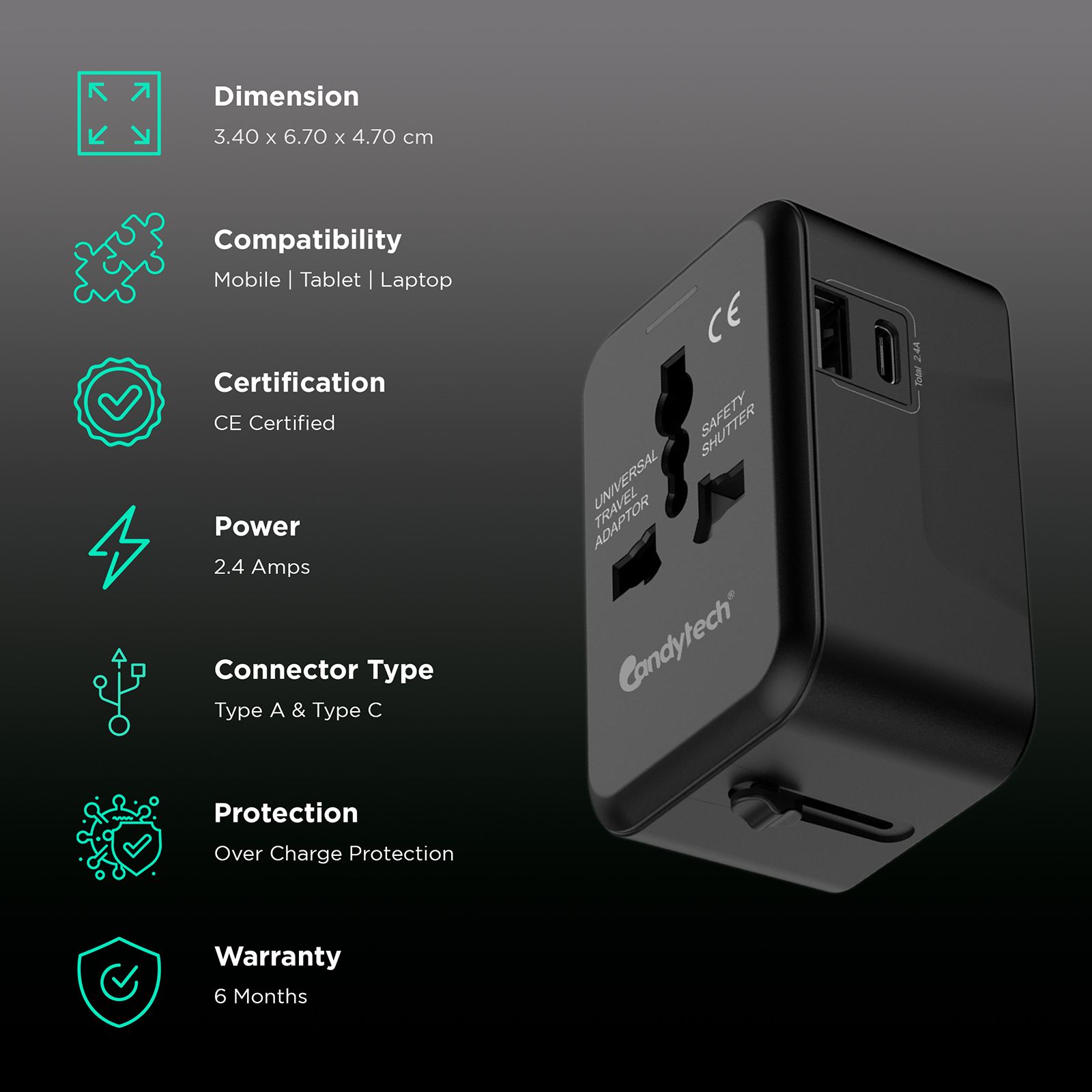 Candytech Travel Adapter (With Type C and Type A USB Port, CT-C12, Black)_2
