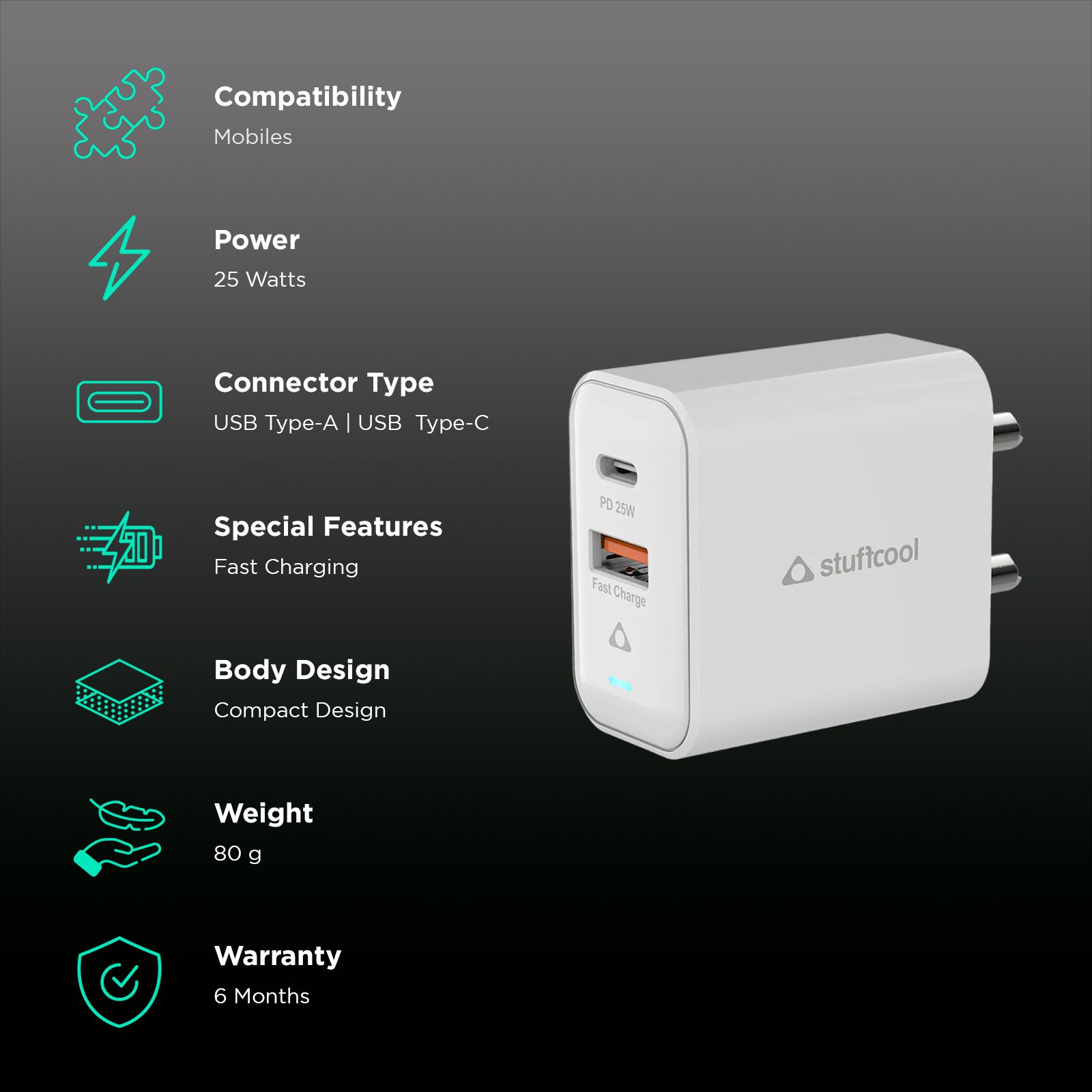 Stuffcool Flow 25W Type A and Type C 2-Port Fast Charger (Adapter Only, BIS Approved, White)_2