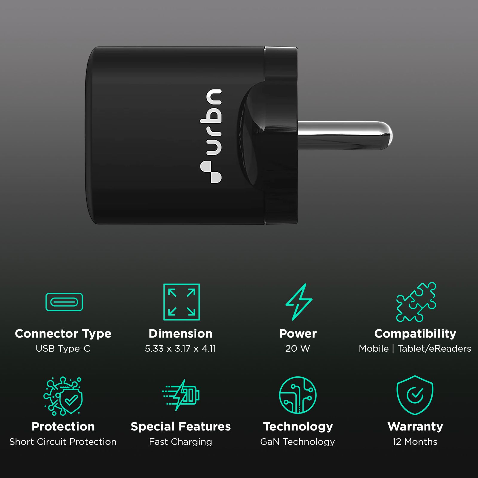 urbn GaN Pro 20W Type C Fast Charger (Adapter Only, GaN Technology, Black) urbn GaN Pro 20W Type C Fast Charger (Adapter Only, GaN Technology, Black)_3
