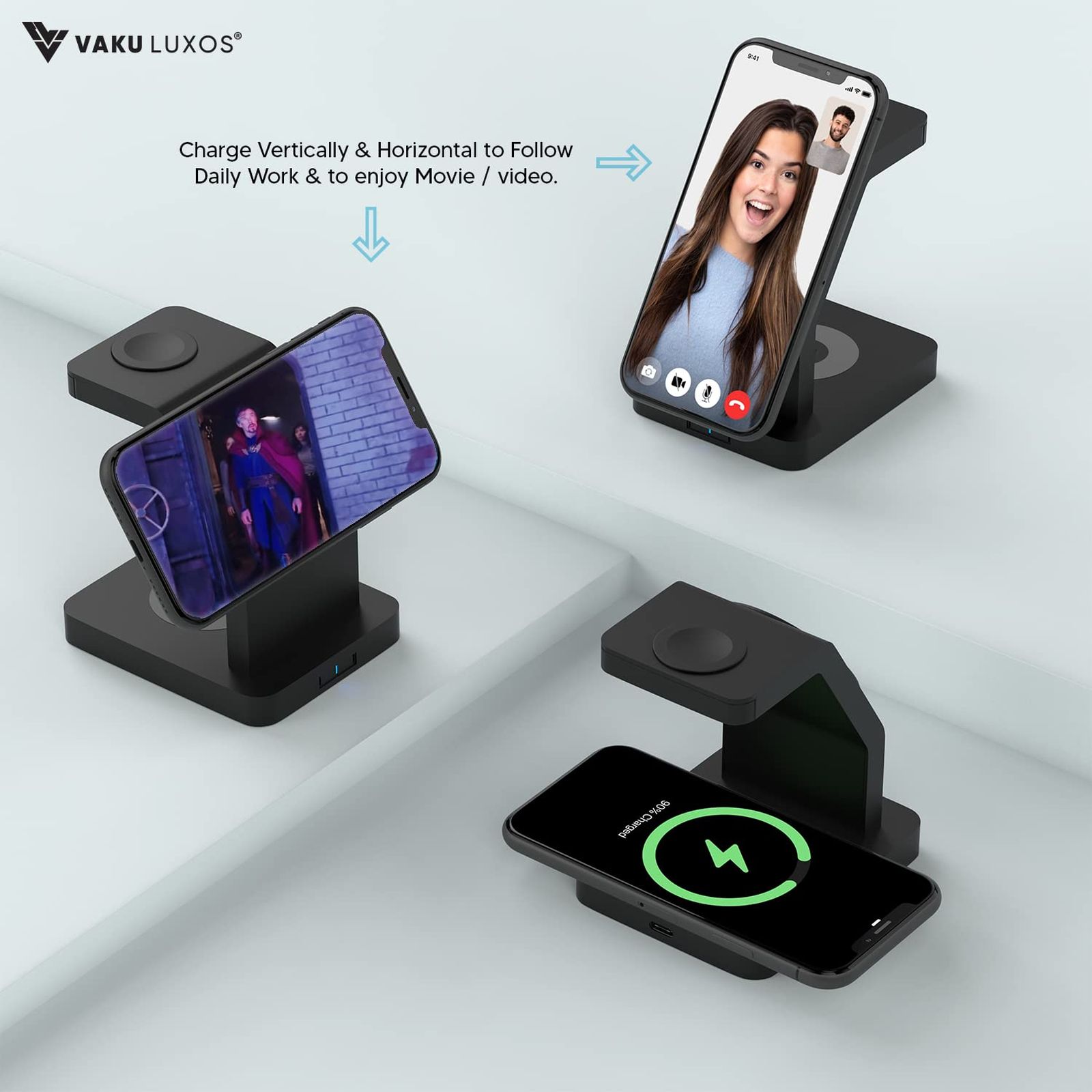 Vaku Luxos Trinity 3IN1 23W Wireless Charging Stand for iOS and Apple Watch (Qi Certified, Short Circuit Protection, Black)_10