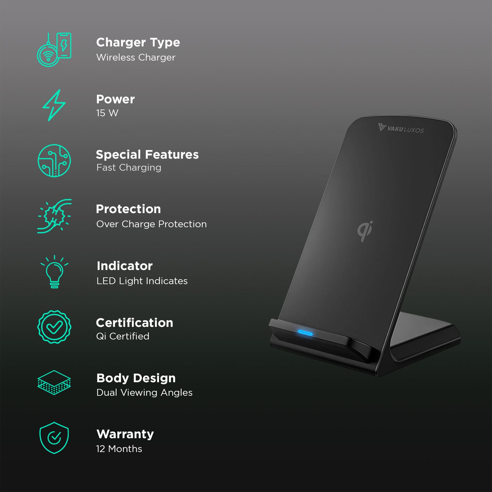 Vaku Luxos Unity II 15W Wireless Charging Stand for iOS, Android (Qi Certified, Dual Viewing Angles, Black) Vaku Luxos Unity II 15W Wireless Charging Stand for iOS, Android (Qi Certified, Dual Viewing Angles, Black)_2