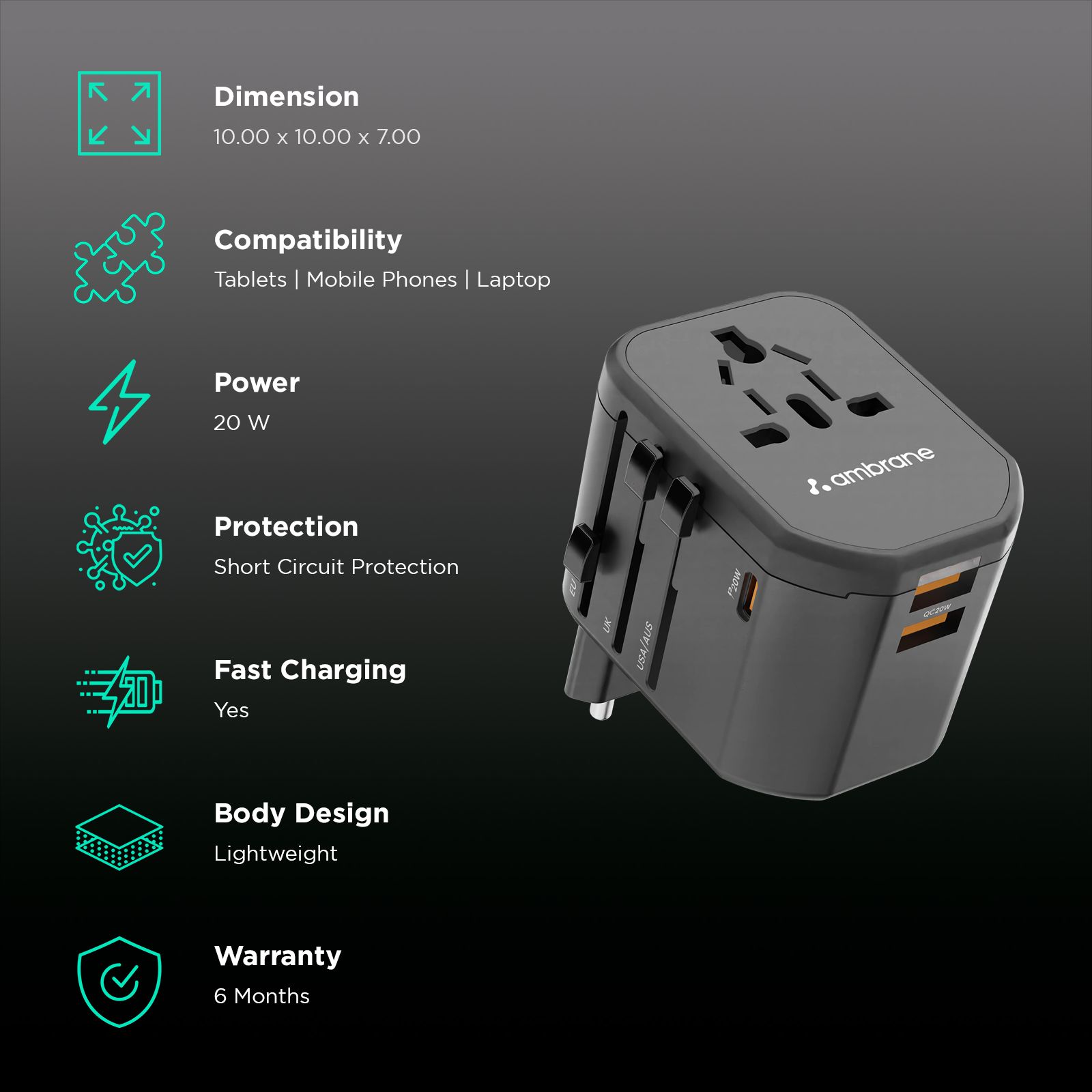 ambrane ATA-01 3 Plugs Travel Adapter (Universal Compatibility, Black)_2