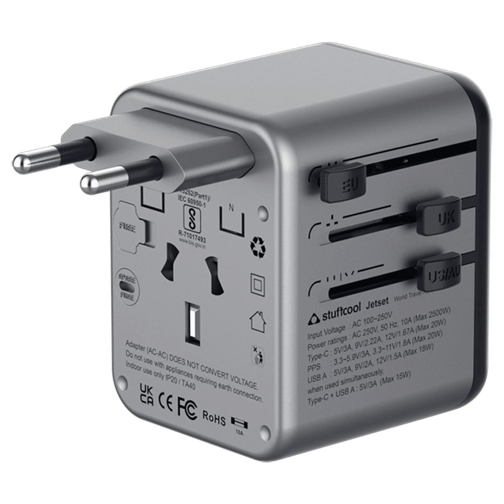 stuffcool Jetset 20W Type A & Type C 2-Port World Travel Adapter (Adapter Only, Quick Charge 3.0, Grey)_11