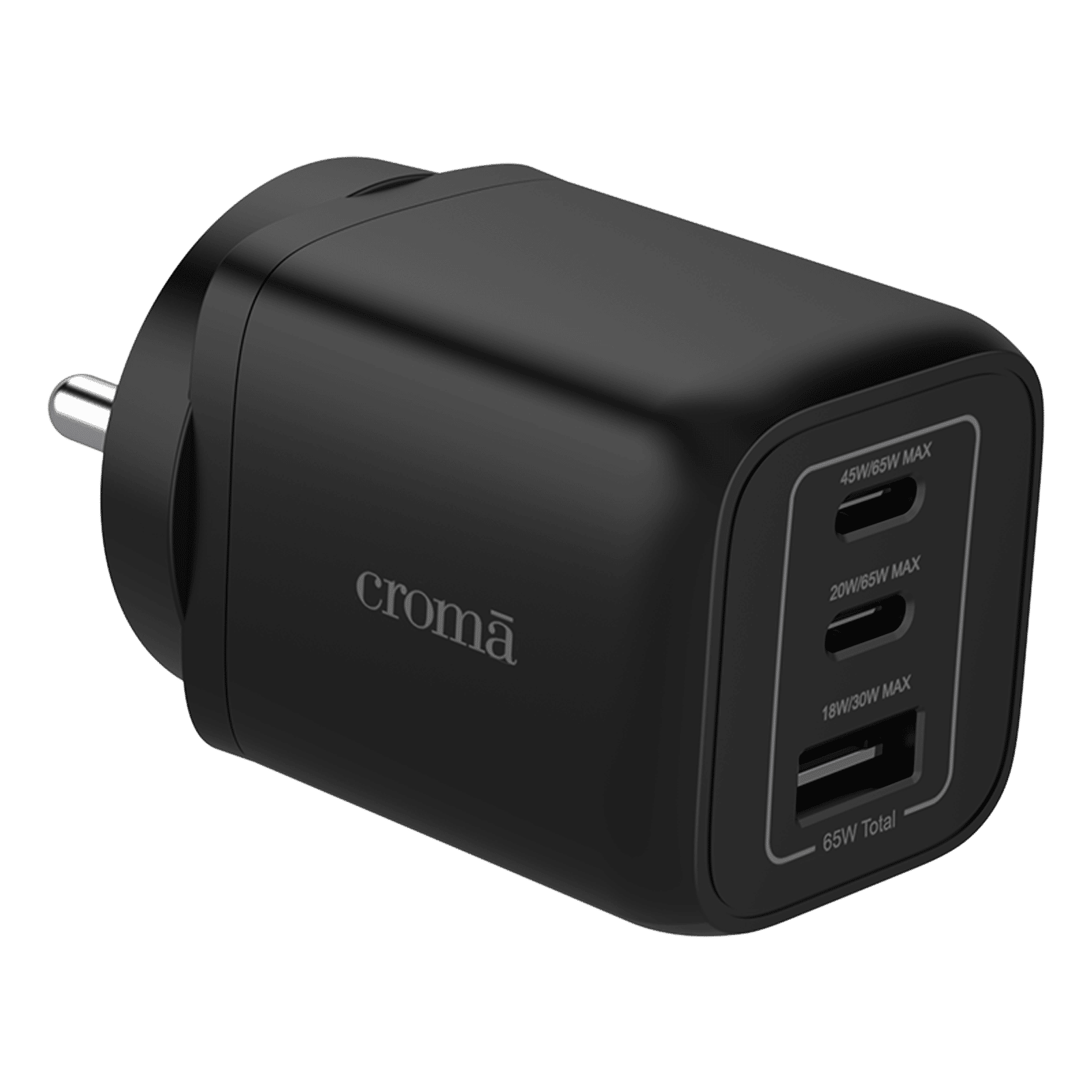 Croma 65W Type-C & Type A 3-Port Fast Charger (Adapter Only, GaN Technology, Black) Croma 65W Type-C & Type A 3-Port Fast Charger (Adapter Only, GaN Technology, Black)_1