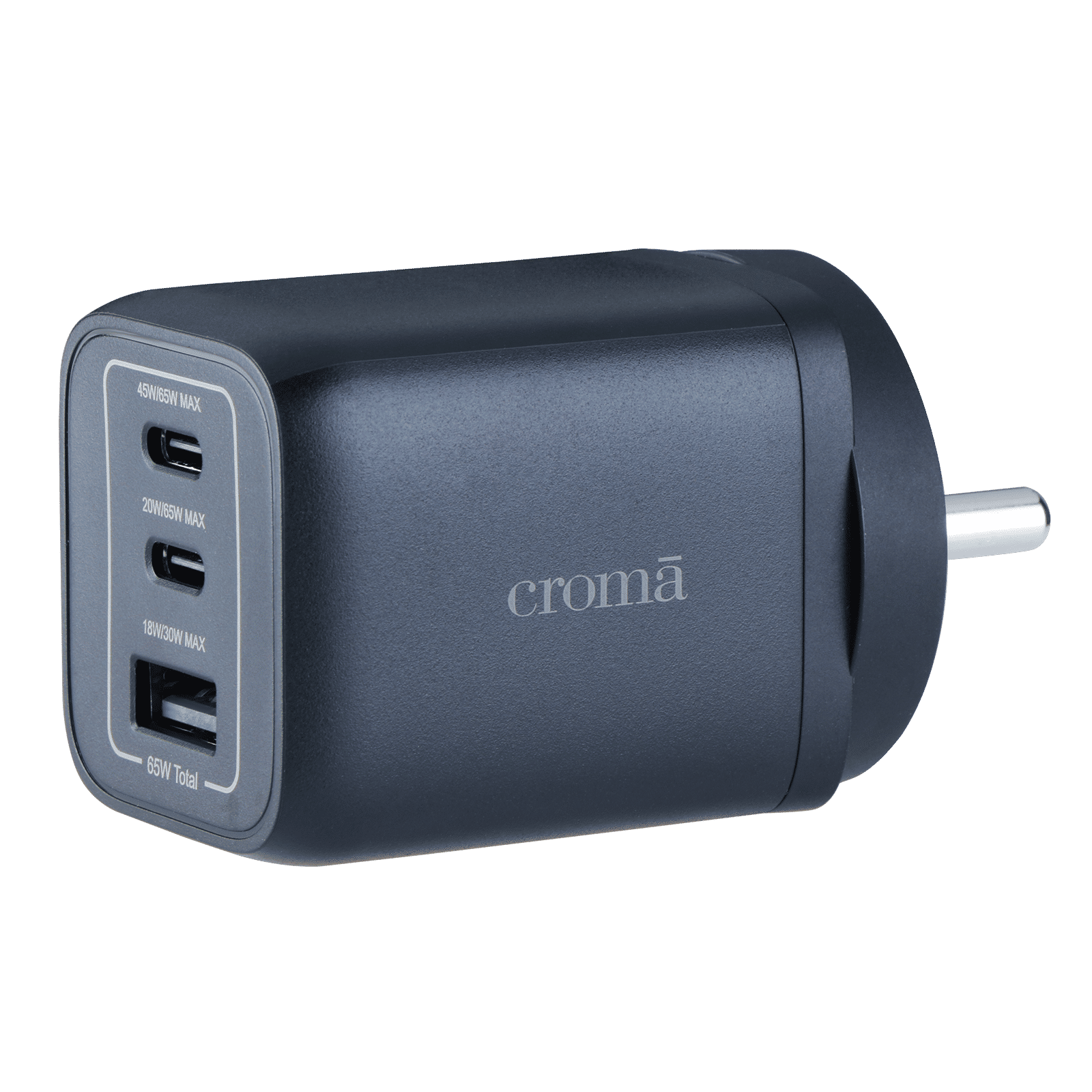 Croma 65W Type-C & Type A 3-Port Fast Charger (Adapter Only, GaN Technology, Black) Croma 65W Type-C & Type A 3-Port Fast Charger (Adapter Only, GaN Technology, Black)_1