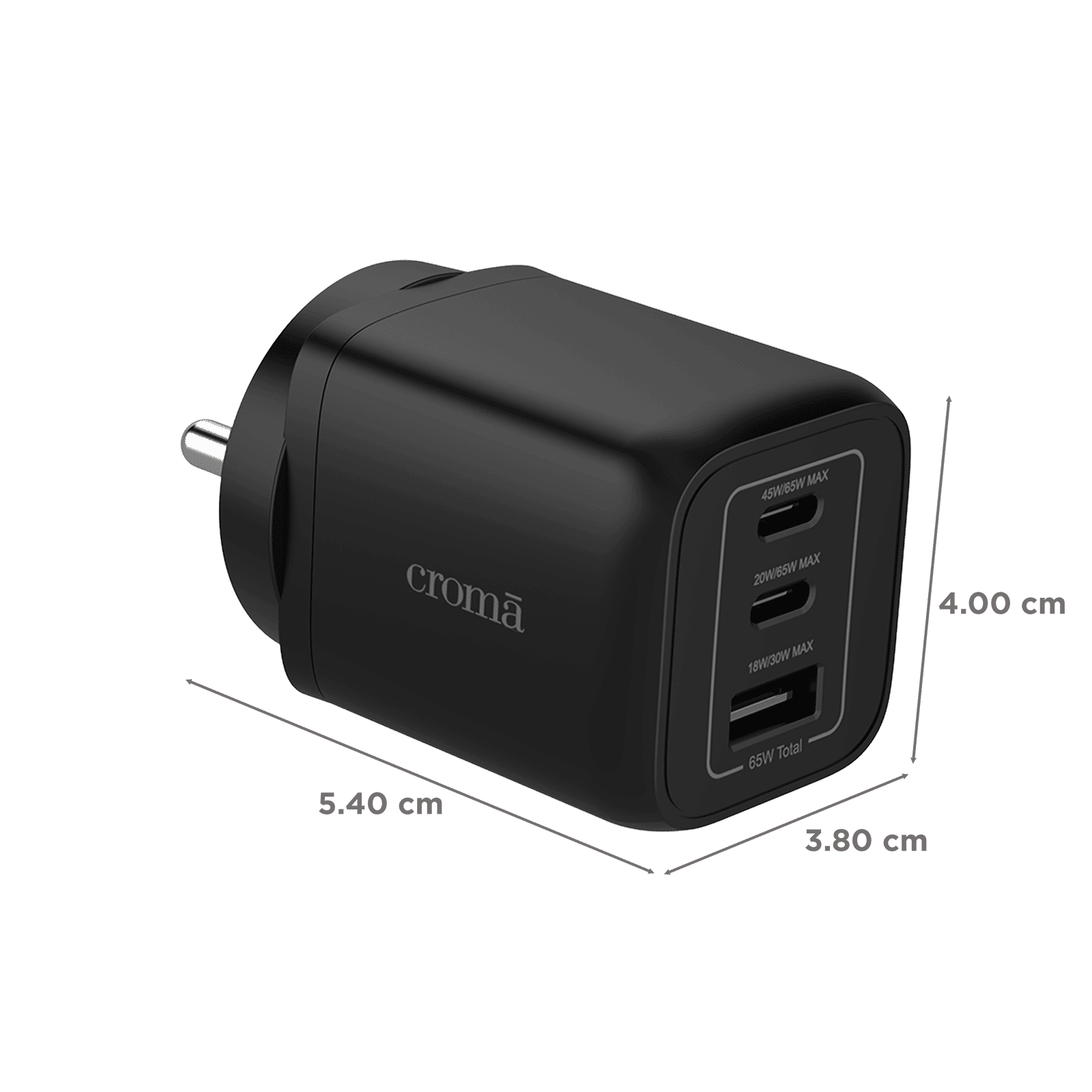 Croma 65W Type-C & Type A 3-Port Fast Charger (Adapter Only, GaN Technology, Black) Croma 65W Type-C & Type A 3-Port Fast Charger (Adapter Only, GaN Technology, Black)_2