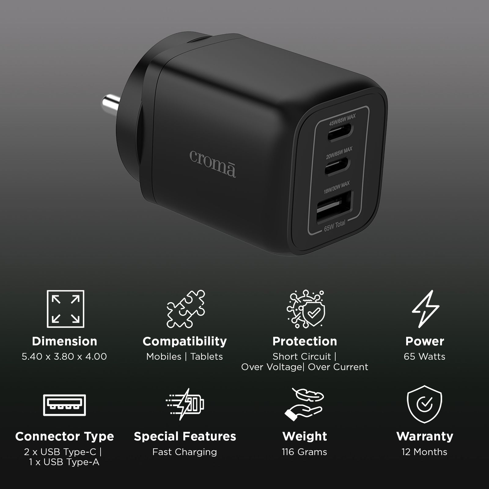 Croma 65W Type-C & Type A 3-Port Fast Charger (Adapter Only, GaN Technology, Black) Croma 65W Type-C & Type A 3-Port Fast Charger (Adapter Only, GaN Technology, Black)_3