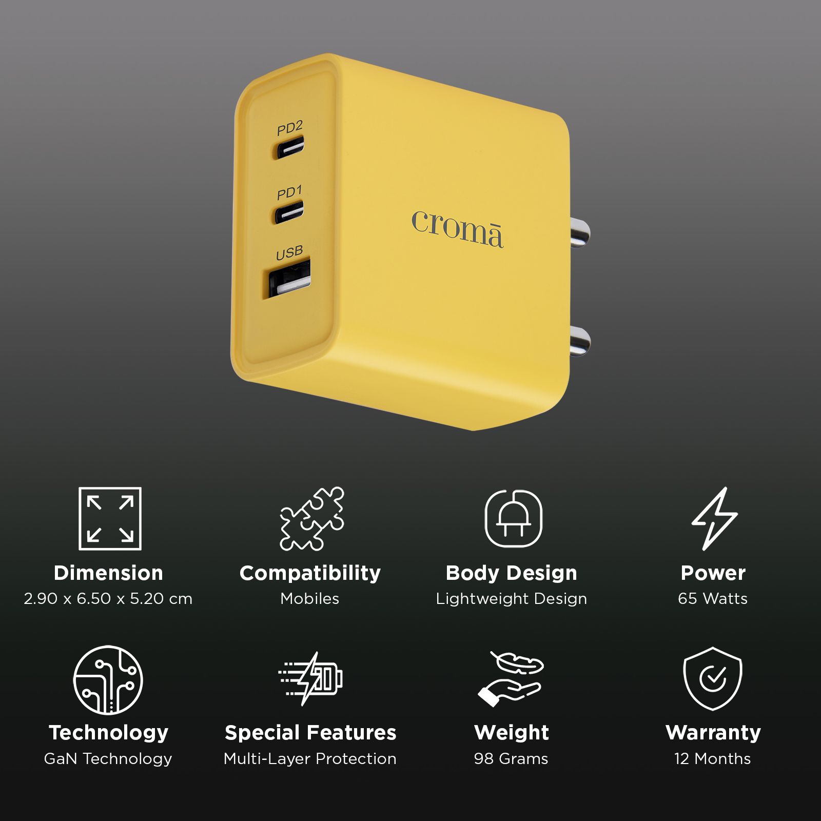 Croma 65W Type A & Type C 3-Port GaN Charger (Type C to Type C, Multi Layer Protection, Yellow) Croma 65W Type A & Type C 3-Port GaN Charger (Type C to Type C, Multi Layer Protection, Yellow)_2