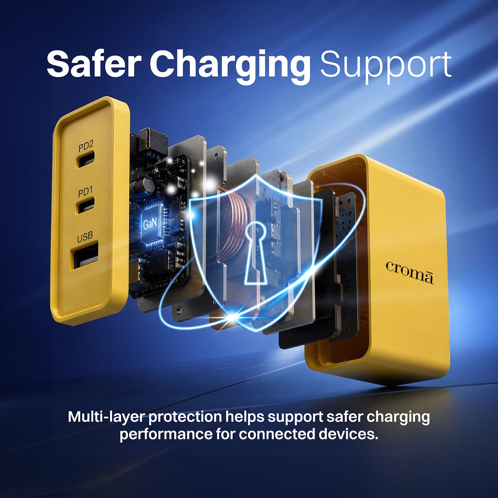 Croma 65W Type A & Type C 3-Port GaN Charger (Type C to Type C, Multi Layer Protection, Yellow) Croma 65W Type A & Type C 3-Port GaN Charger (Type C to Type C, Multi Layer Protection, Yellow)_7