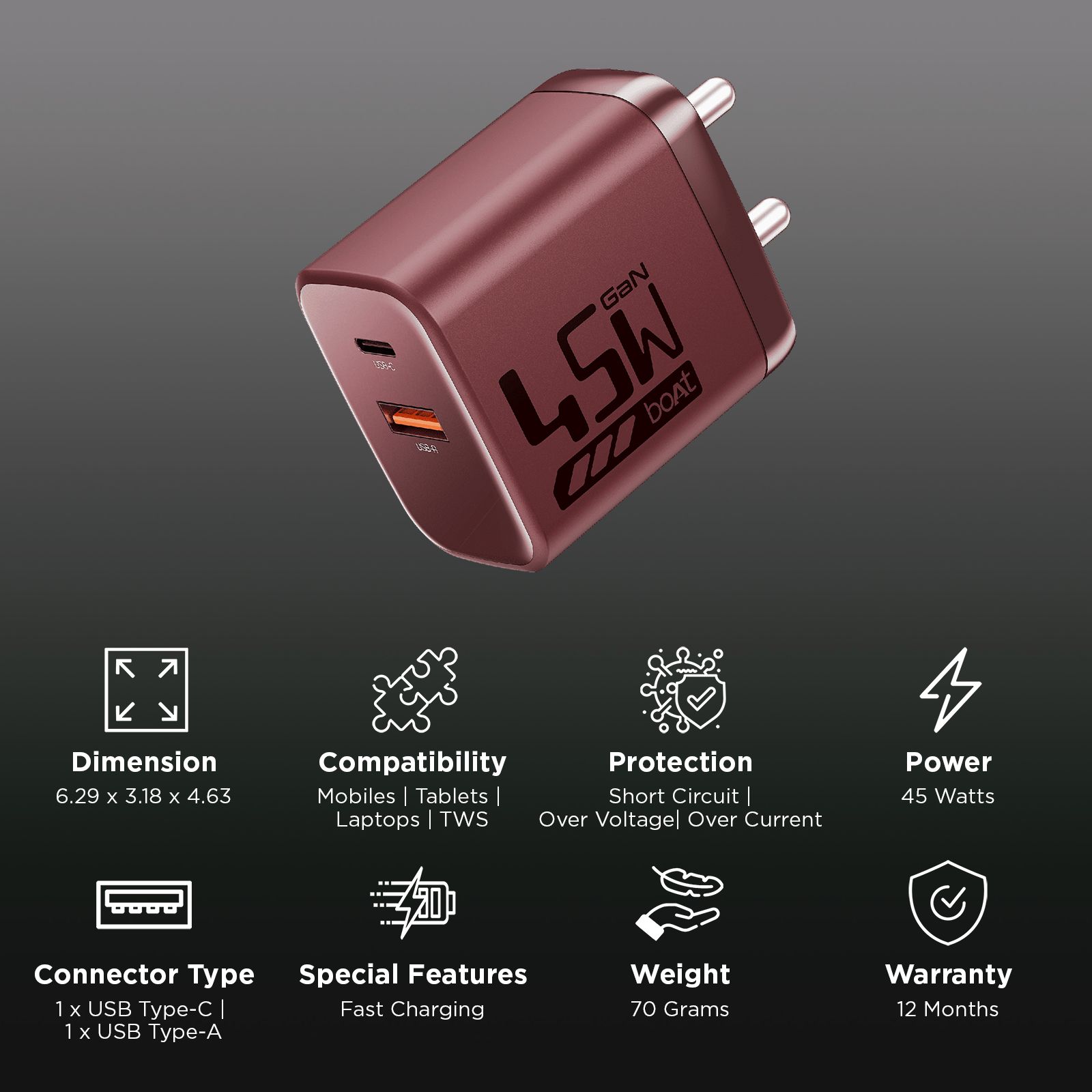 boAt 45W Type A & Type C 2-Port Fast Charger (Adapter Only, 12-Layer Smart IC Protection, Monarch Red) boAt 45W Type A & Type C 2-Port Fast Charger (Adapter Only, 12-Layer Smart IC Protection, Monarch Red)_3