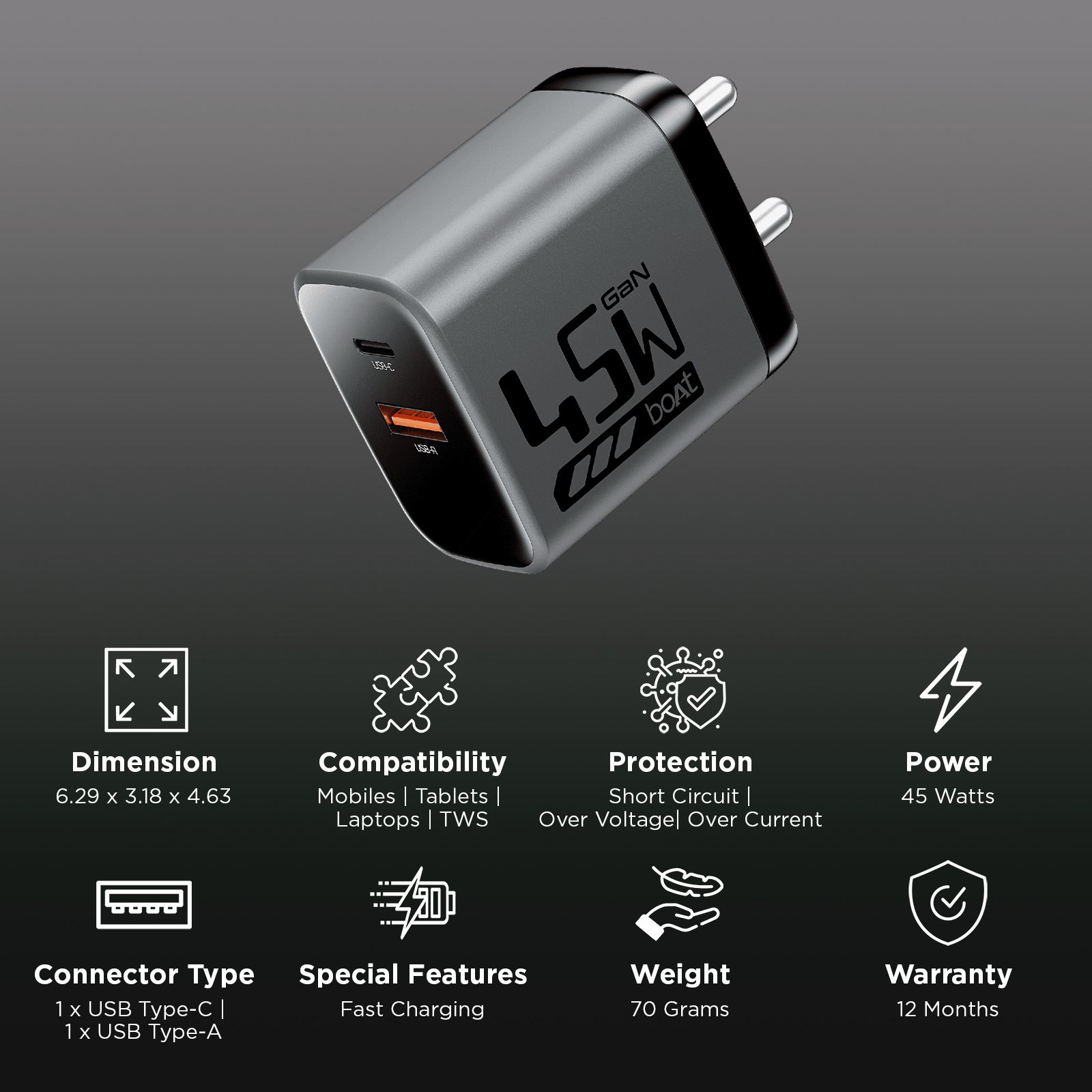 boAt 45W Type A & Type C 2-Port Fast Charger (Adapter Only, 12-Layer Smart IC Protection, Ash Grey) boAt 45W Type A & Type C 2-Port Fast Charger (Adapter Only, 12-Layer Smart IC Protection, Ash Grey)_3