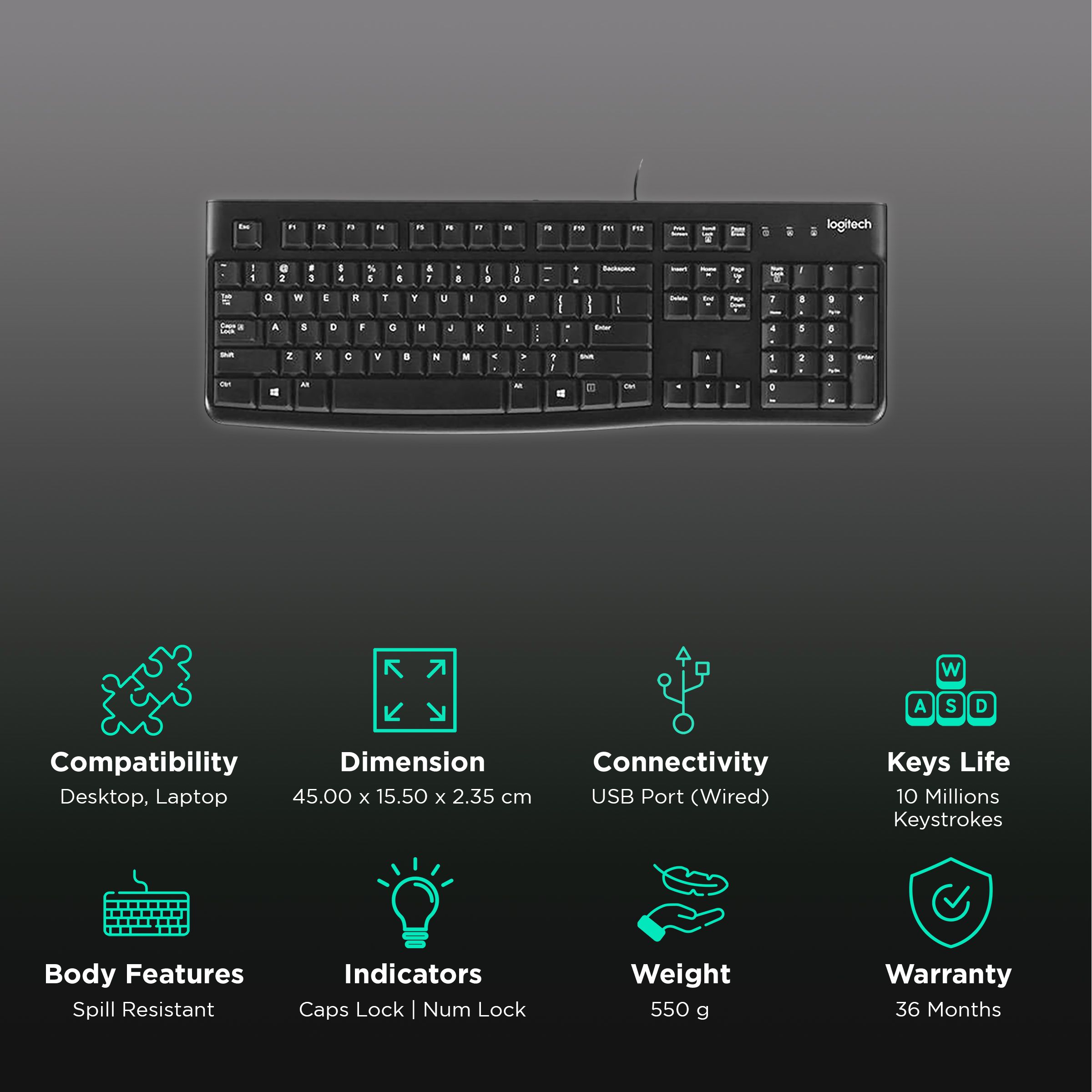 logitech K120 Wired Keyboard with Number Pad (Spill Resistant, Black) logitech K120 Wired Keyboard with Number Pad (Spill Resistant, Black)_2