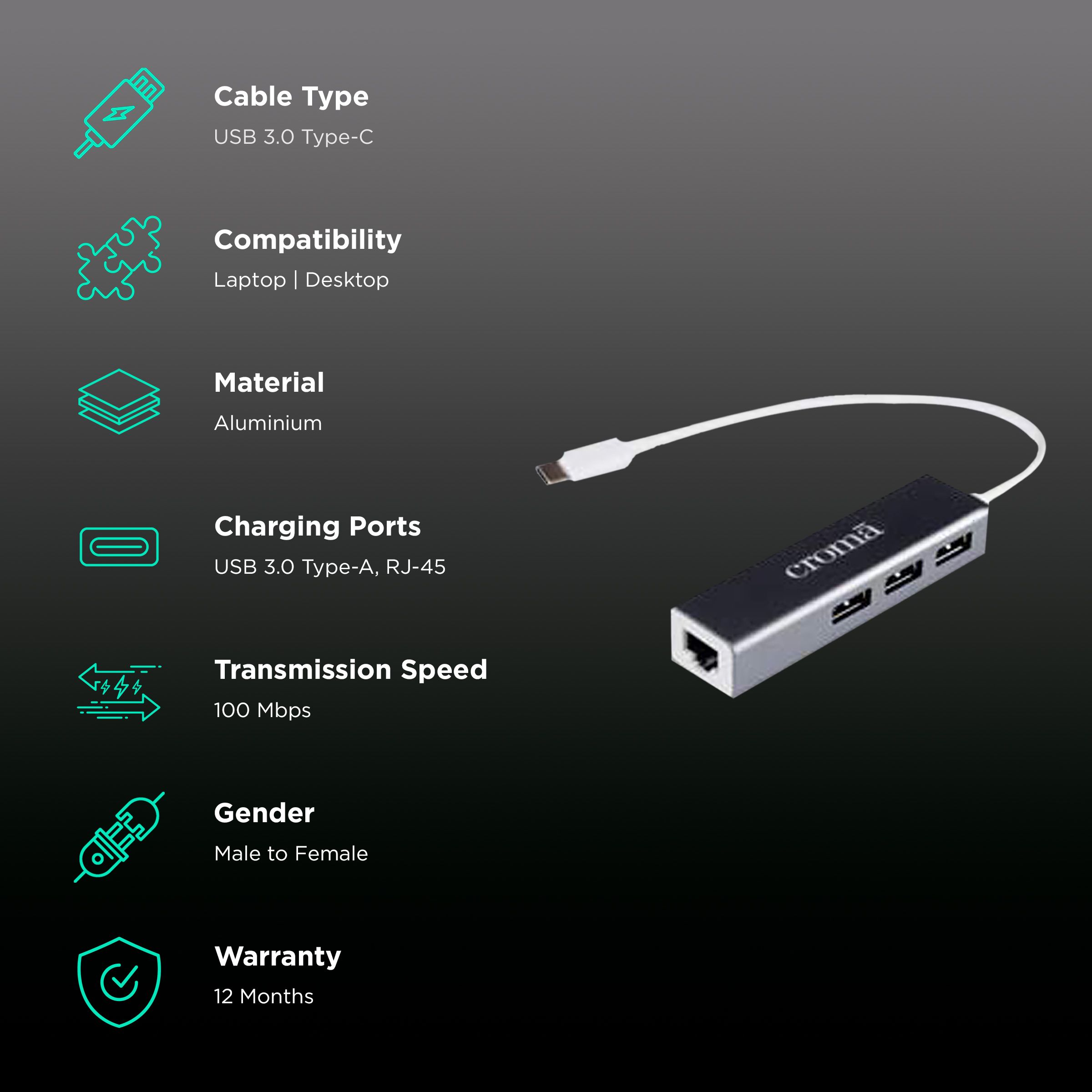 Croma USB 3.0 Type C to USB 3.0 Type A, LAN Port USB Hub (Up to 100 Mbps Speed, Black) Croma USB 3.0 Type C to USB 3.0 Type A, LAN Port USB Hub (Up to 100 Mbps Speed, Black)_2