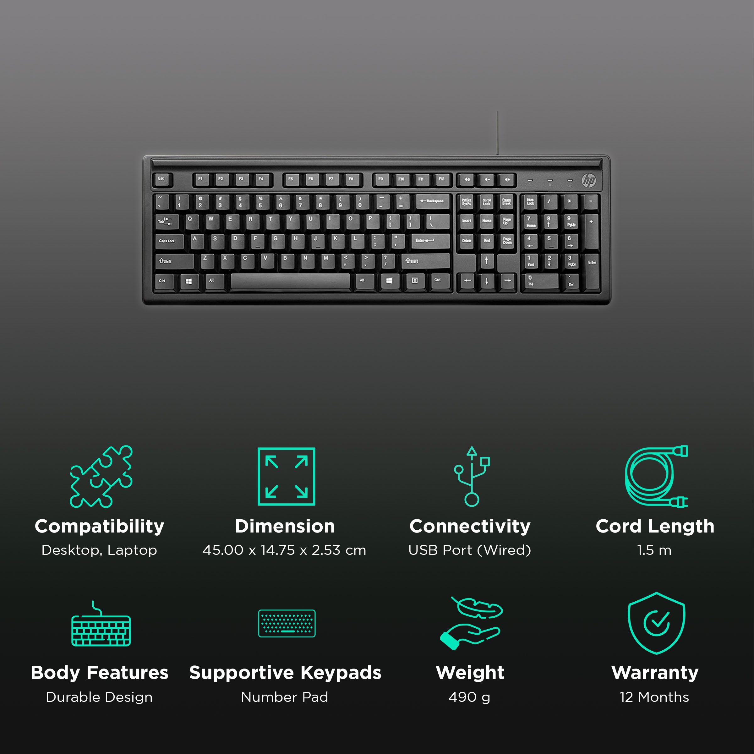HP 100 Wired Keyboard with Number Pad (3 Hot Keys, Black)_2