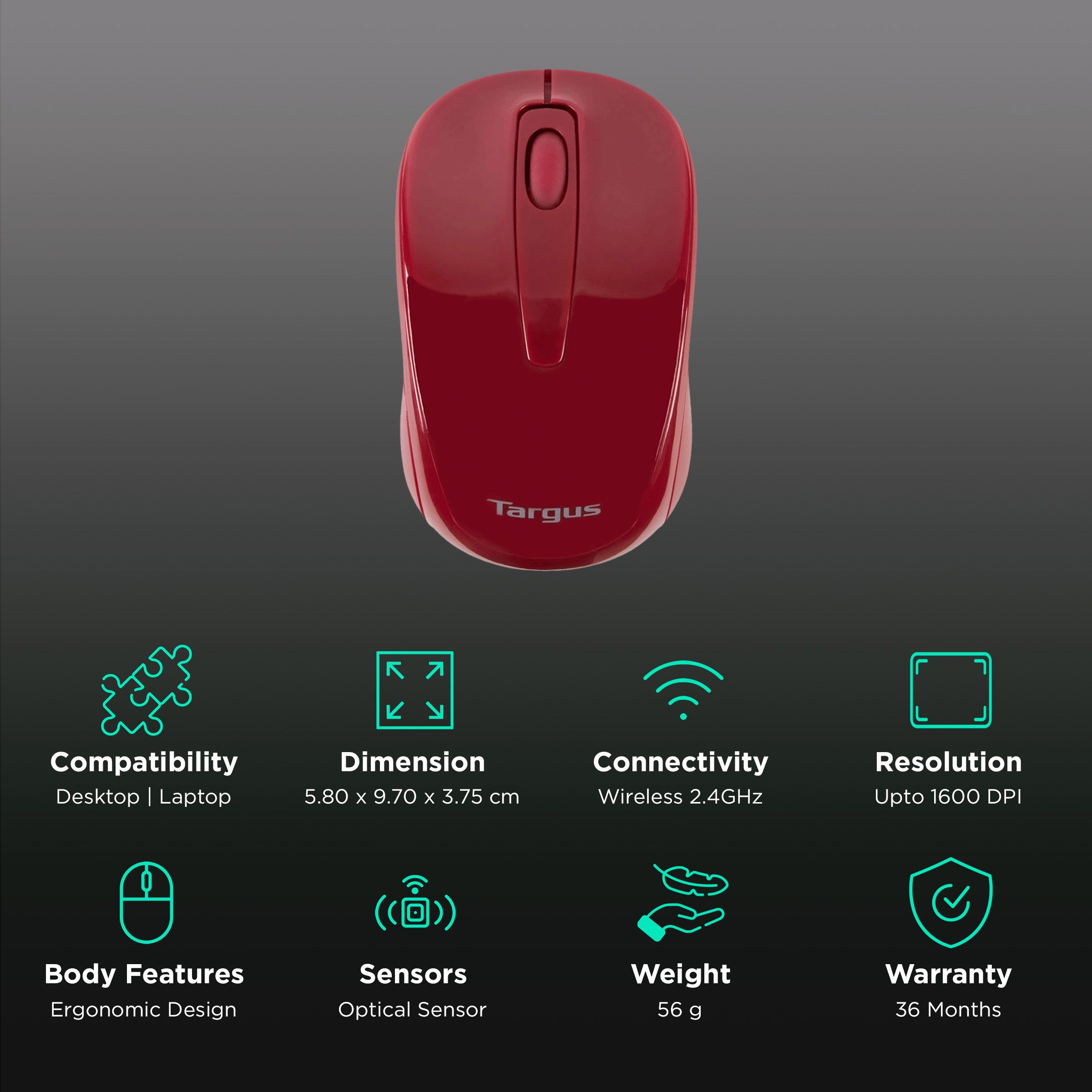 Targus AMW60002AP Wireless Optical Mouse (1600 DPI, USB Receiver, Red) Targus AMW60002AP Wireless Optical Mouse (1600 DPI, USB Receiver, Red)_2