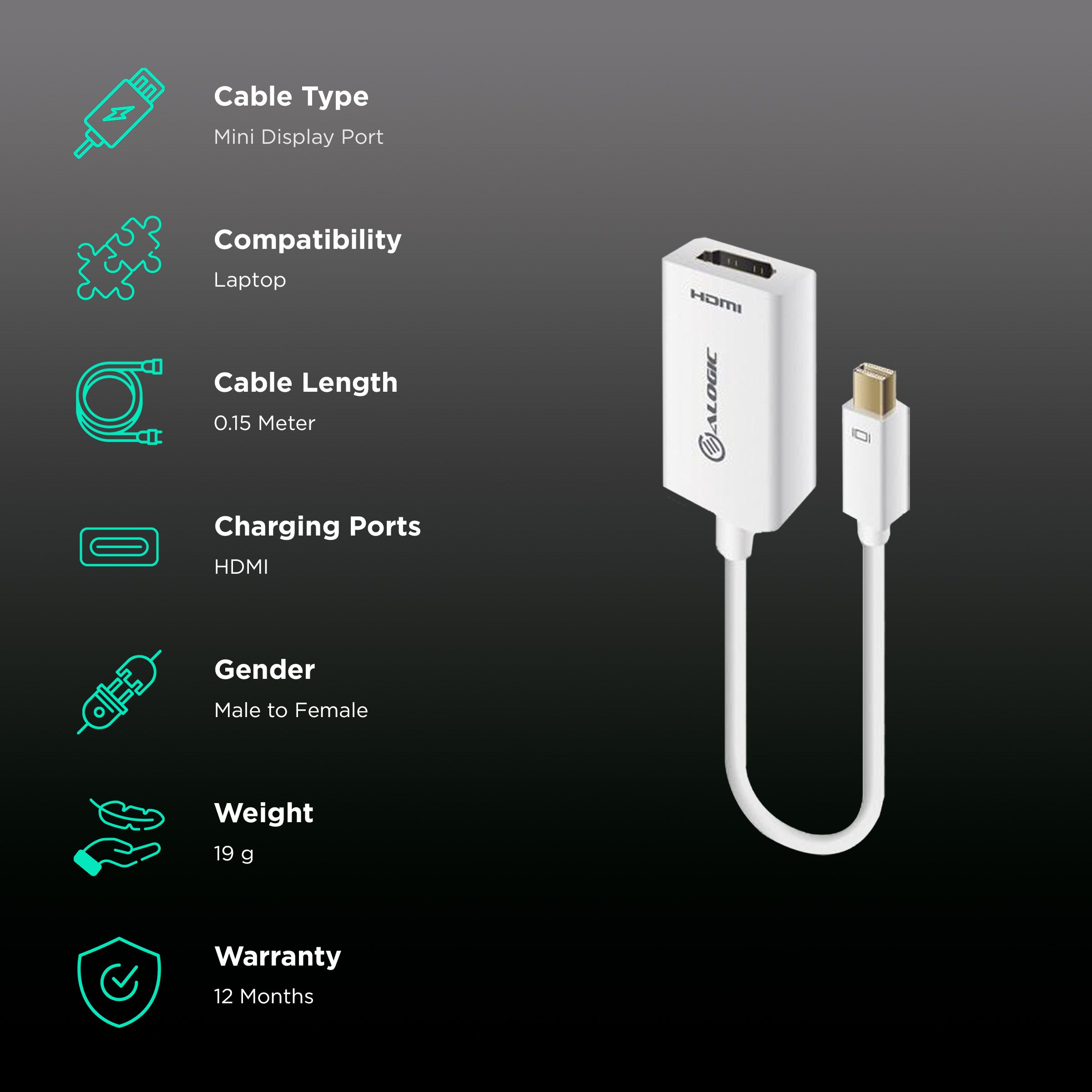 ALOGIC Premium Series Mini DisplayPort to HDMI Adapter (Supports 2 Audio Channels, White)_2