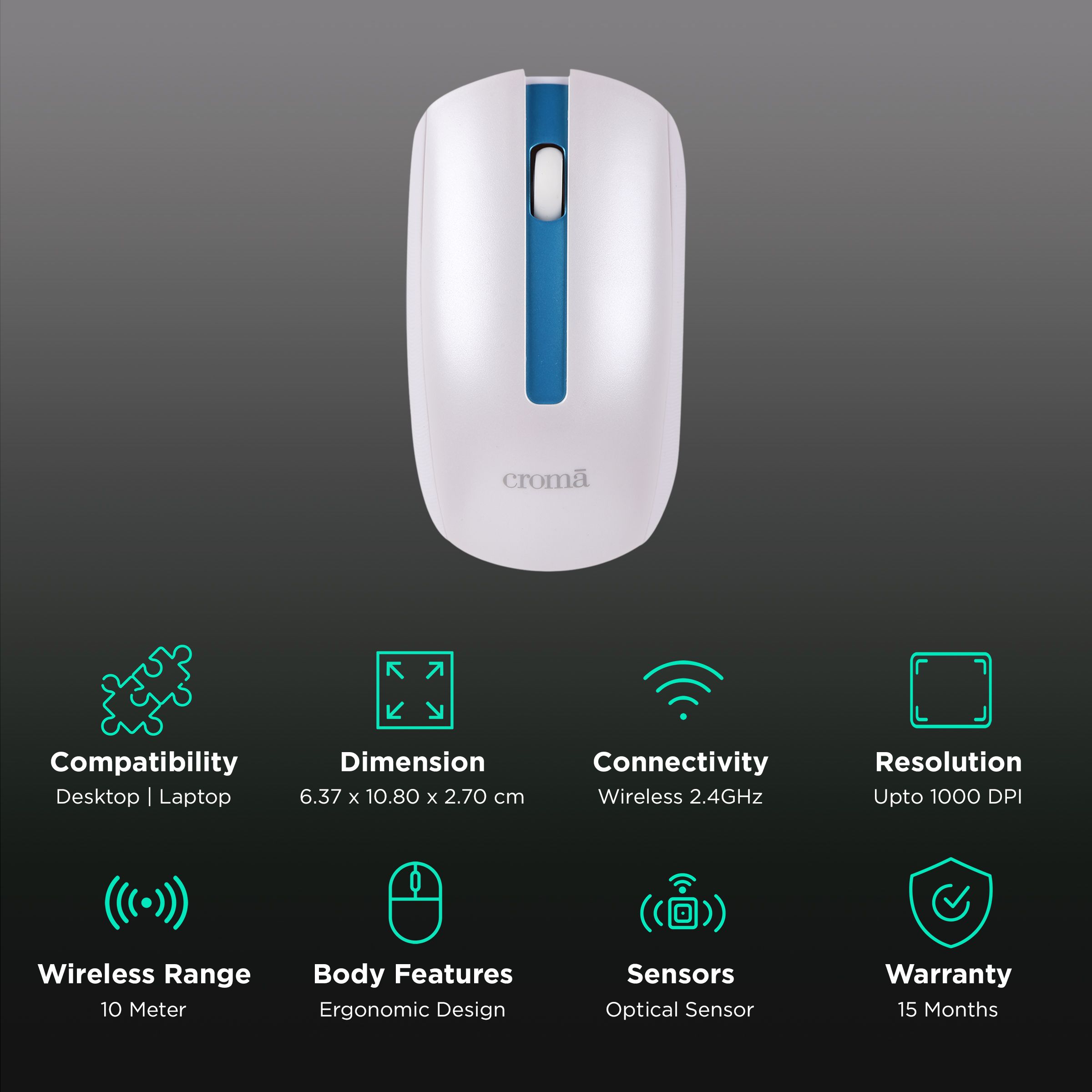 Croma Wireless Optical Mouse (1000 DPI, Ergonomic Design, White) Croma Wireless Optical Mouse (1000 DPI, Ergonomic Design, White)_2