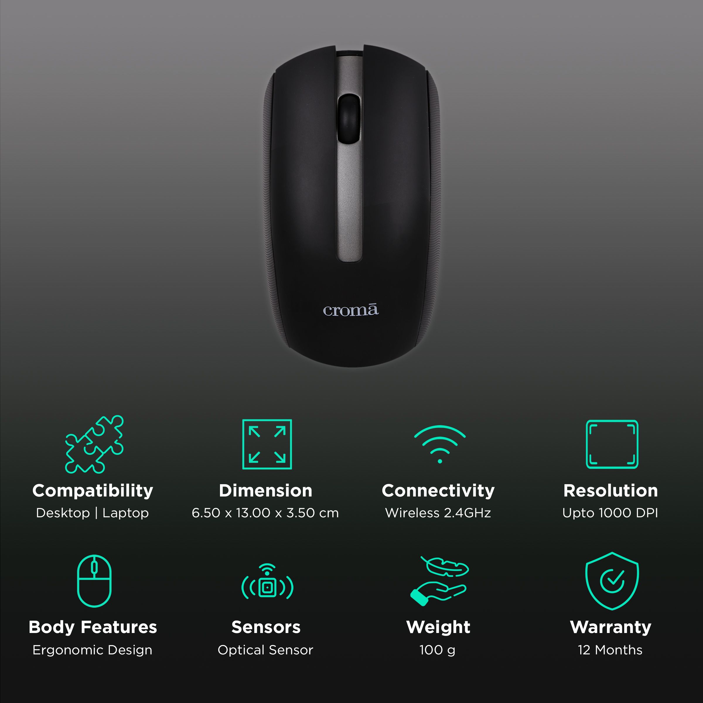 Croma Wireless Optical Mouse (1000 DPI, Ergonomic Design, Black)_2