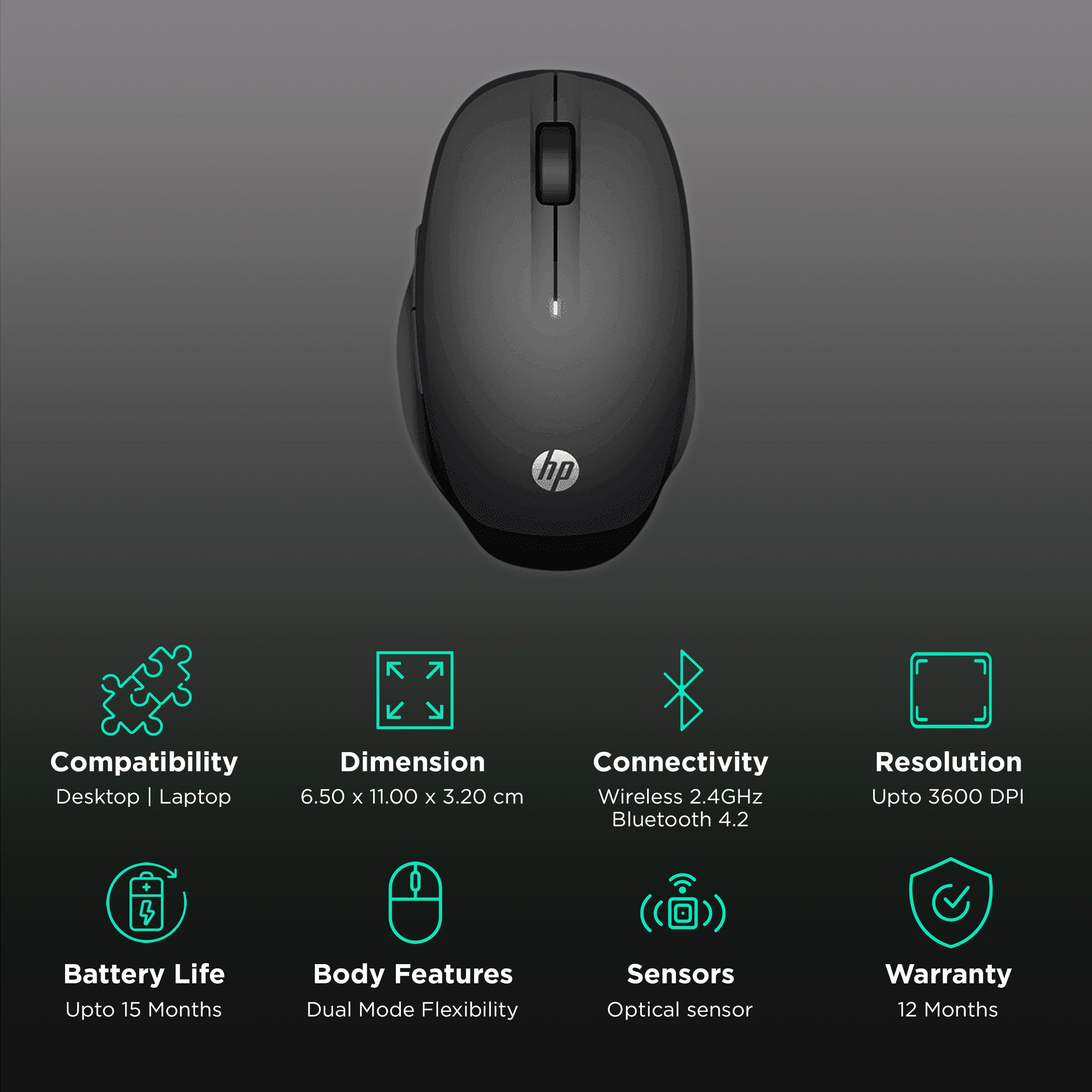 HP 6CR71AA Wireless Optical Mouse with Customizable Buttons (3600 DPI, Dual Connectivity, Black)_2