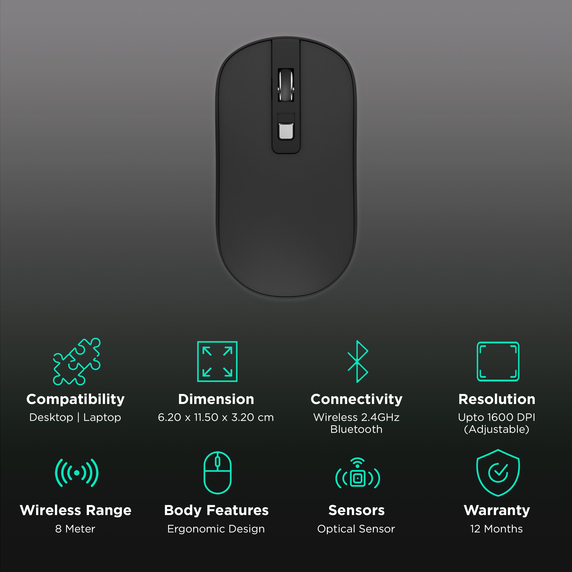 Croma XM5109 Rechargeable Wireless Optical Mouse (1600 DPI Adjustable, Ergonomic Design, Black) Croma XM5109 Rechargeable Wireless Optical Mouse (1600 DPI Adjustable, Ergonomic Design, Black)_2