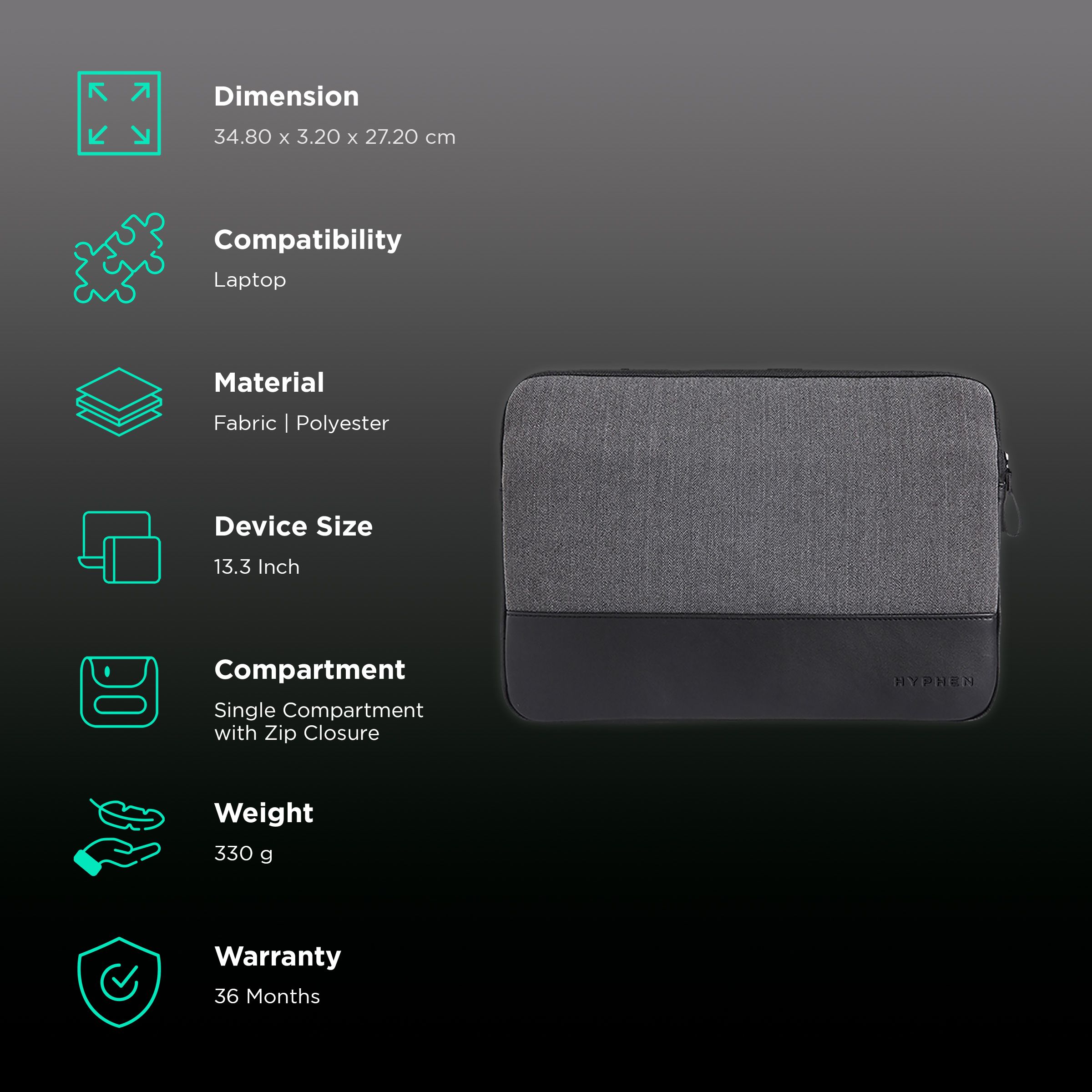 HYPHEN ESSE 301 Fabric, Polyester Laptop Sleeve for 13.3 Inch Laptop (Stylish Design with Carry Strap, Black)_3