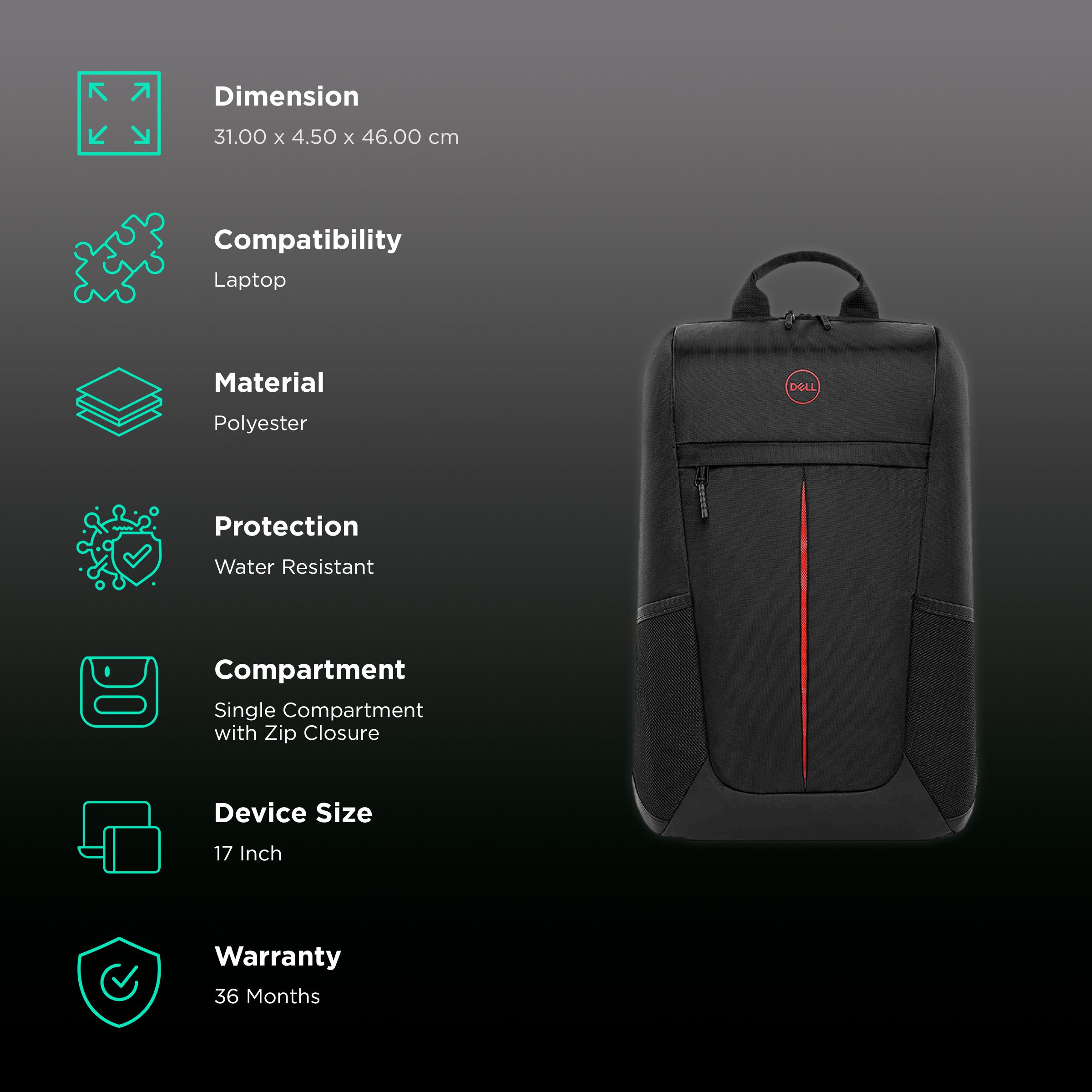 DELL Gaming Lite Polyester Laptop Backpack for 17 Inch Laptop (23 L, Water Resistant, Black)_2