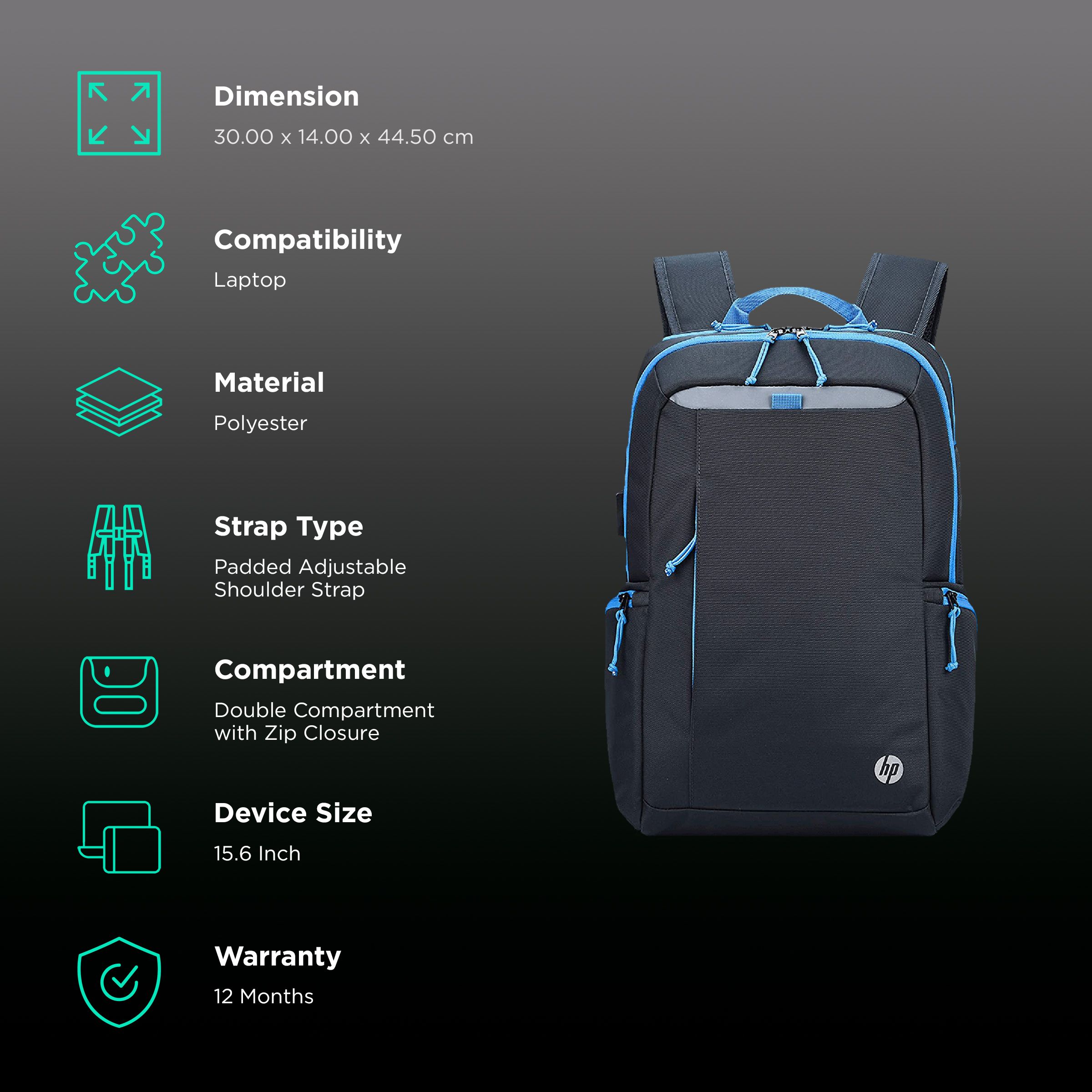 HP Lightweight 500 Polyester Laptop Backpack for 15.6 Inch Laptop (17 L, Pass-Through Cable Port, Black)_2