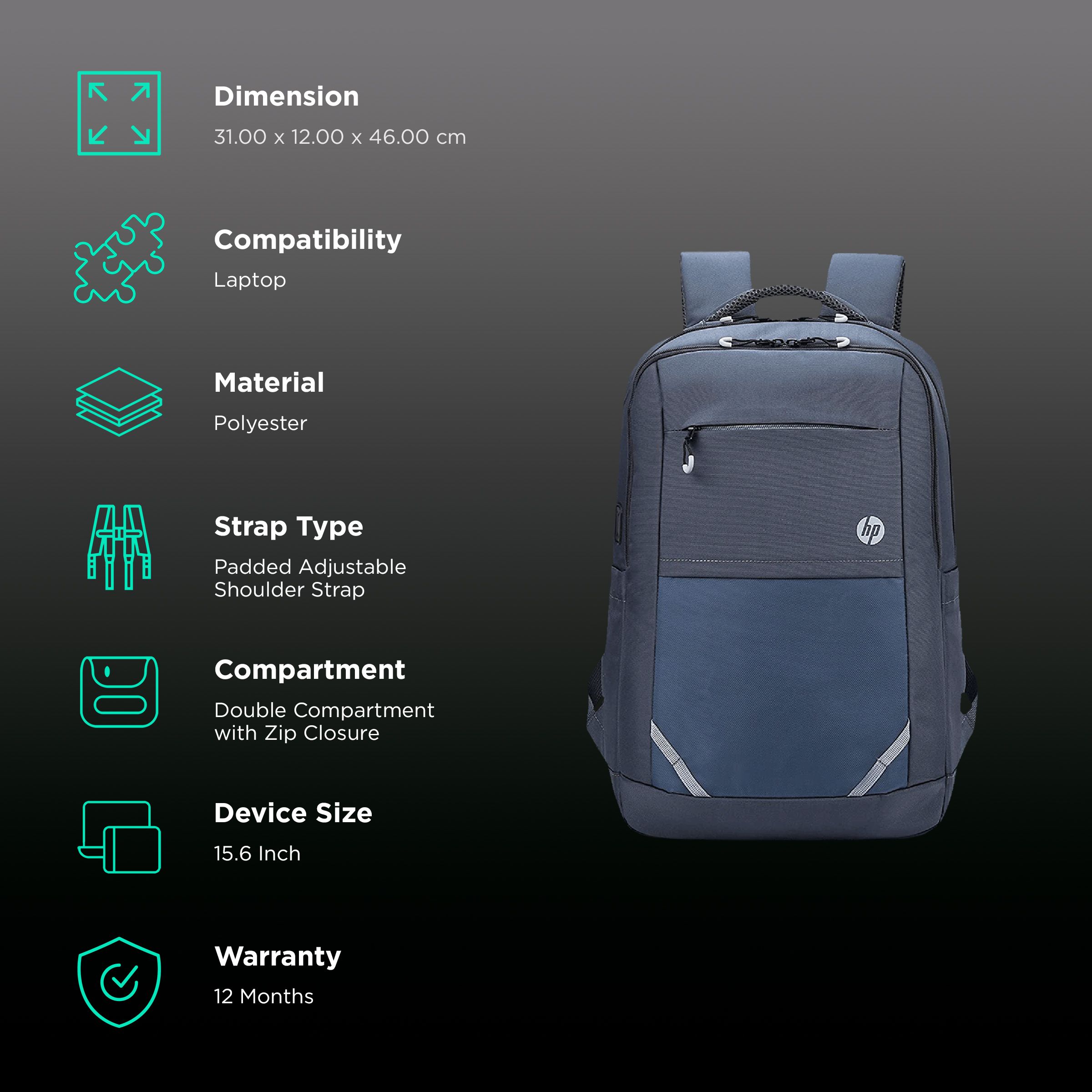 HP Lightweight 400 Polyester Laptop Backpack for 15.6 Inch Laptop (22 L, Pass-Through Cable Port, Grey) HP Lightweight 400 Polyester Laptop Backpack for 15.6 Inch Laptop (22 L, Pass-Through Cable Port, Grey)_2