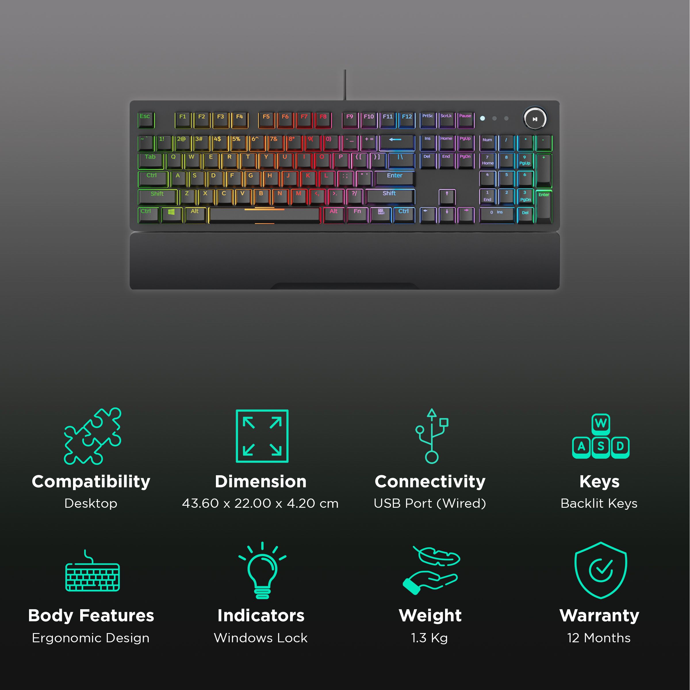 Red Gear Shadow Blade Wired Gaming Keyboard with Backlit Keys (Rainbow LED, Black) Red Gear Shadow Blade Wired Gaming Keyboard with Backlit Keys (Rainbow LED, Black)_2