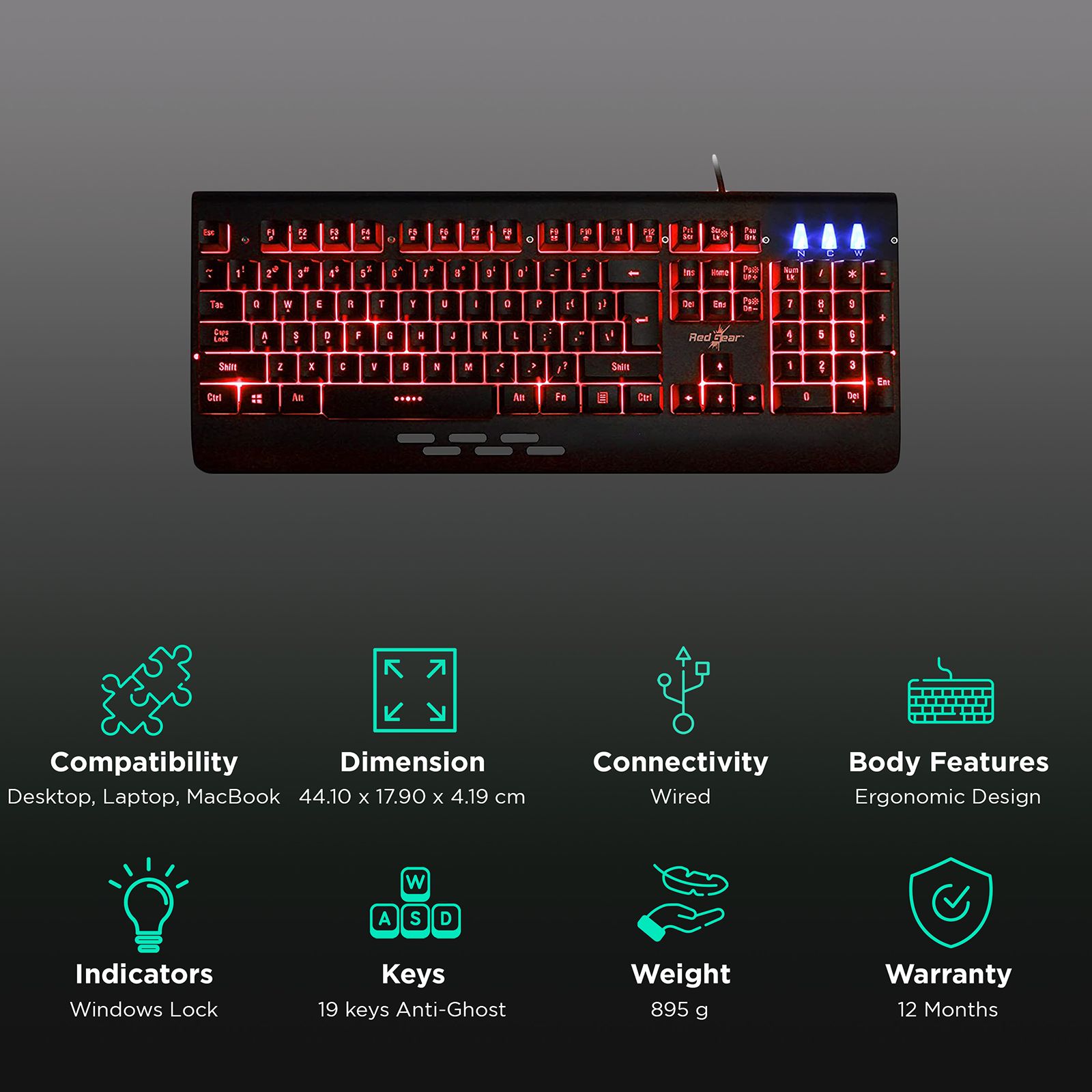 Red Gear Blaze 7 Wired Gaming Keyboard (LED Color Backlight, Black)_2