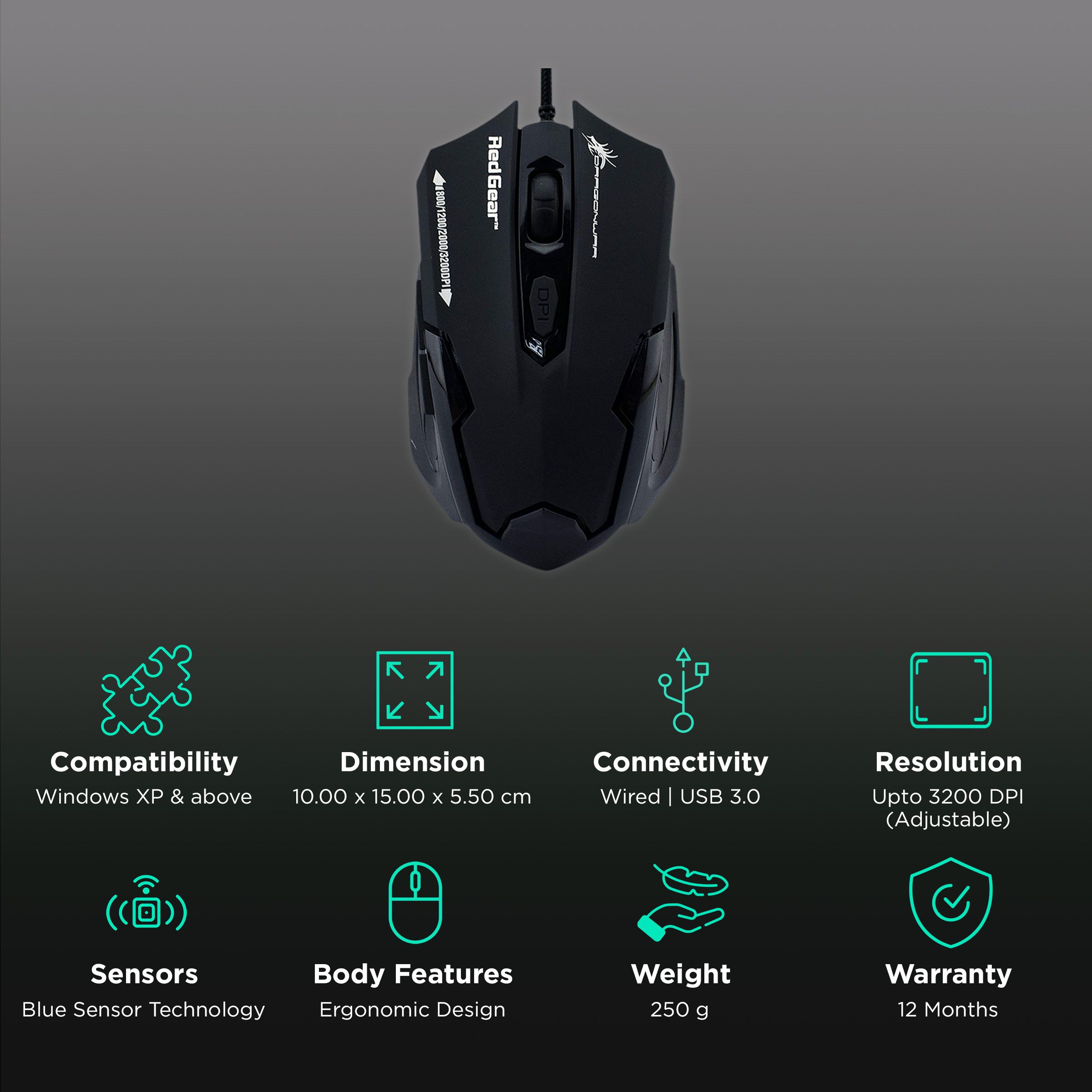Red Gear Dragonwar Emera Wired Optical Gaming Mouse with Customizable Buttons (3200 DPI Adjustable, Blue Sensor Technology, Black)_2