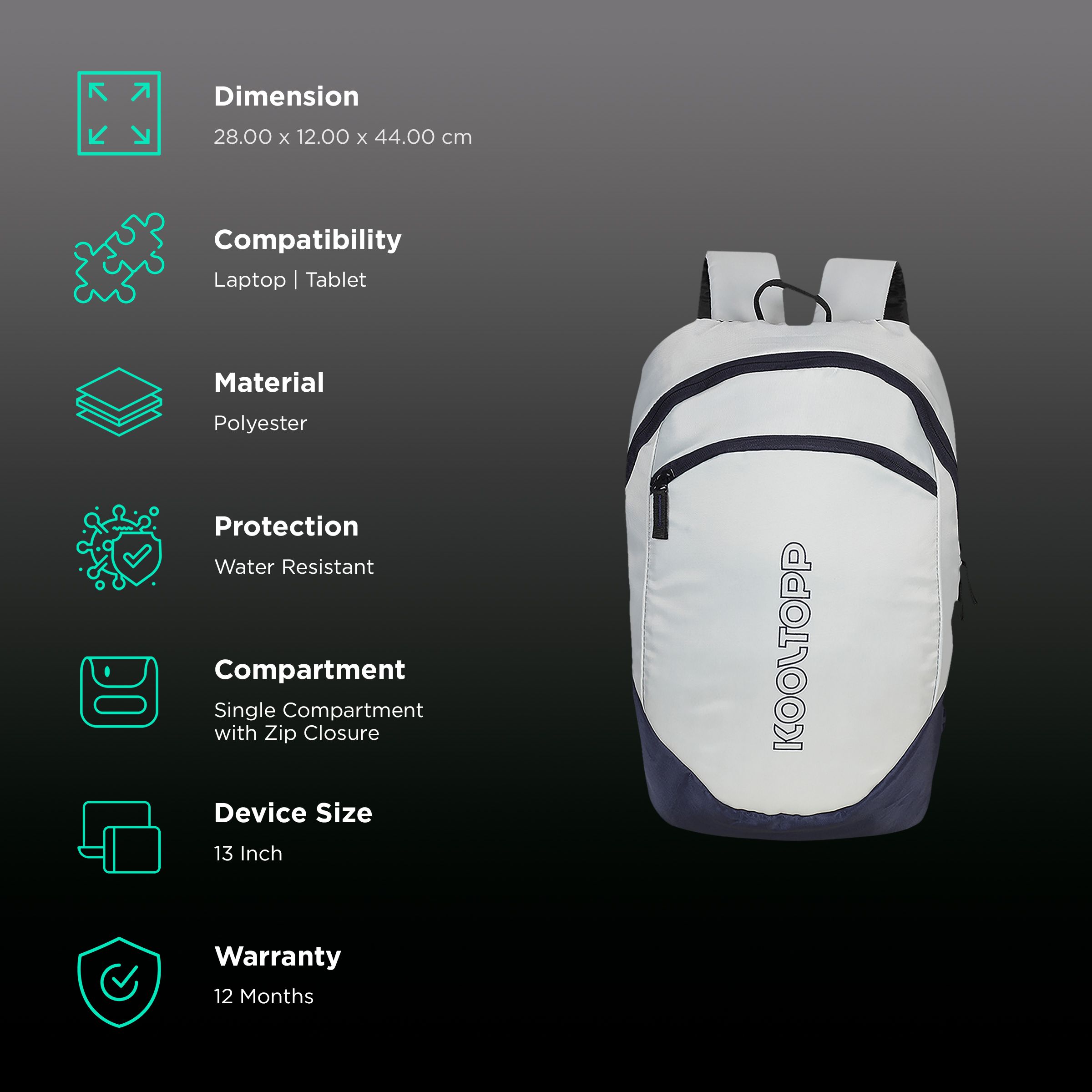 KOOLTOPP Simple Polyester Laptop Backpack for 13 Inch Laptop (14 L, Water Resistant, Navy Blue/Silver)_2