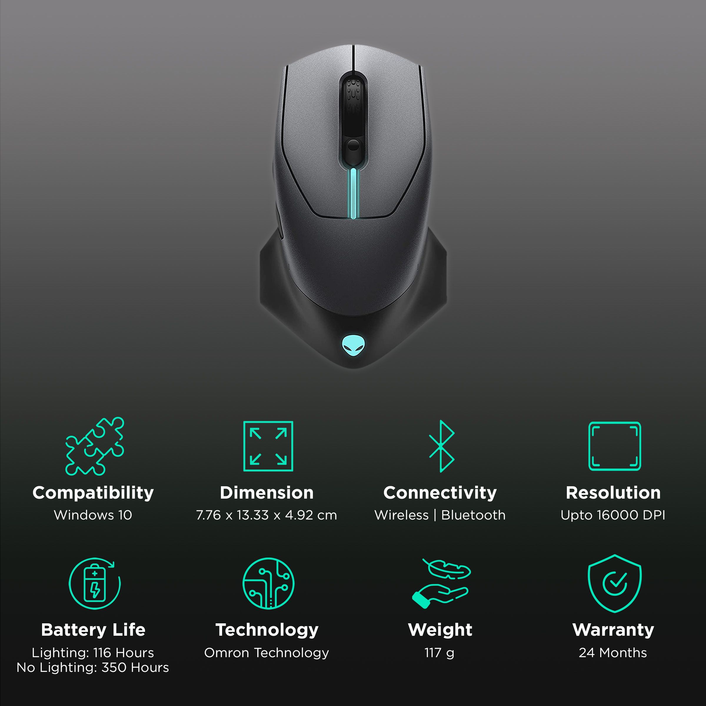 DELL Alienware Rechargeable Wireless Optical Gaming Mouse with Customizable Buttons (16000 dpi, Ergonomic Design, Dark side of the moon) DELL Alienware Rechargeable Wireless Optical Gaming Mouse with Customizable Buttons (16000 dpi, Ergonomic Design, Dark side of the moon)_2