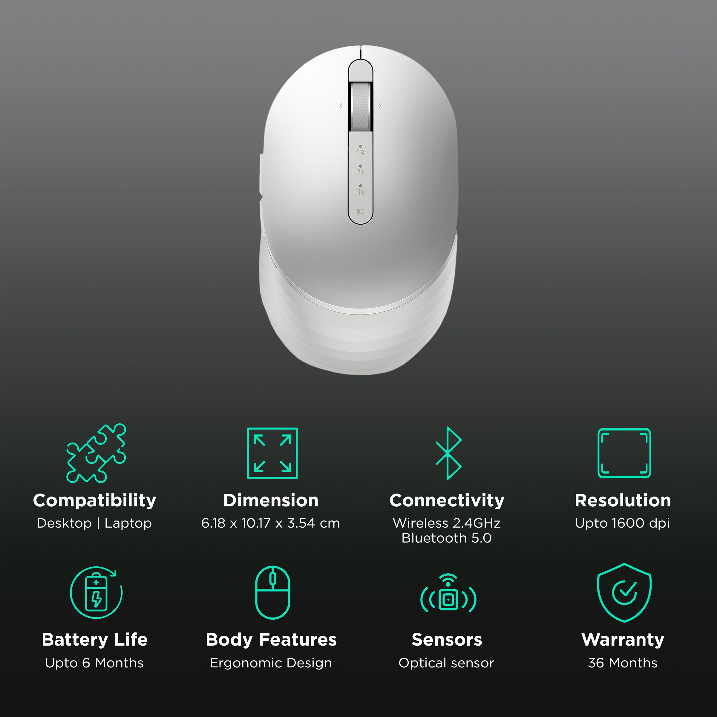 DELL MS7421W Rechargeable Wireless Optical Performance Mouse with Type C Adapter (1600 dpi, Ergonomic Design, Platinum silver)_2
