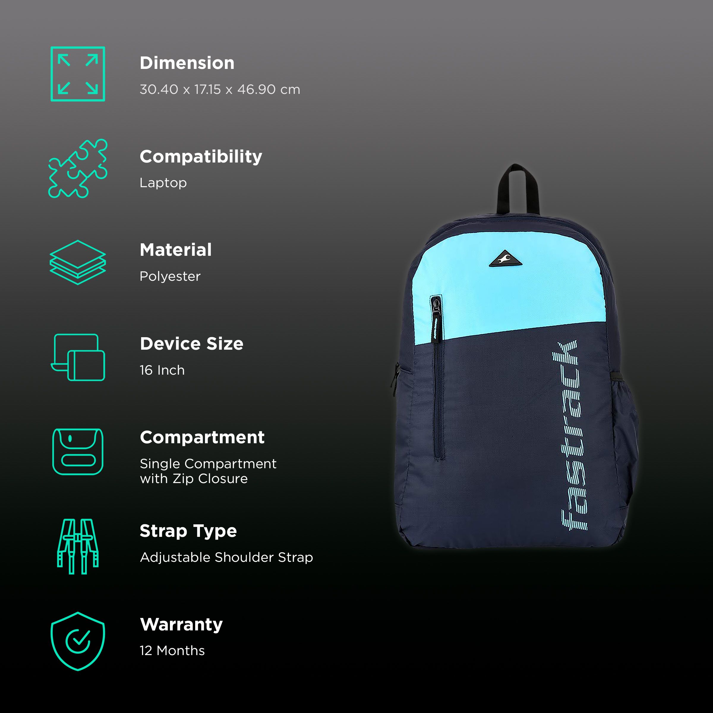 fastrack Polyester Laptop Backpack for 16 Inch Laptop (25 L, Lightweight & Comfortable, Blue)_2