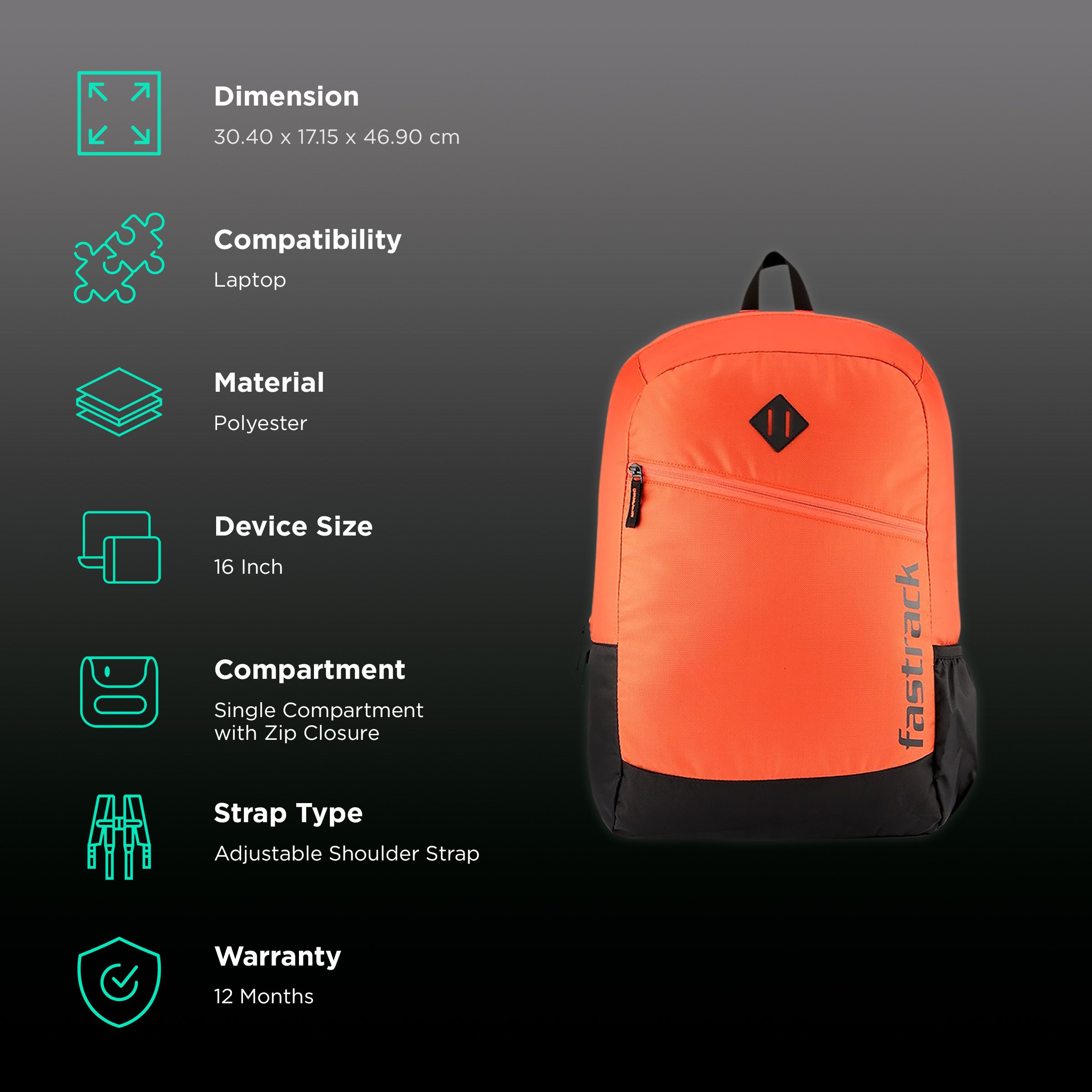 fastrack Polyester Laptop Backpack for 16 Inch Laptop (25 L, Lightweight & Comfortable, Orange) fastrack Polyester Laptop Backpack for 16 Inch Laptop (25 L, Lightweight & Comfortable, Orange)_2