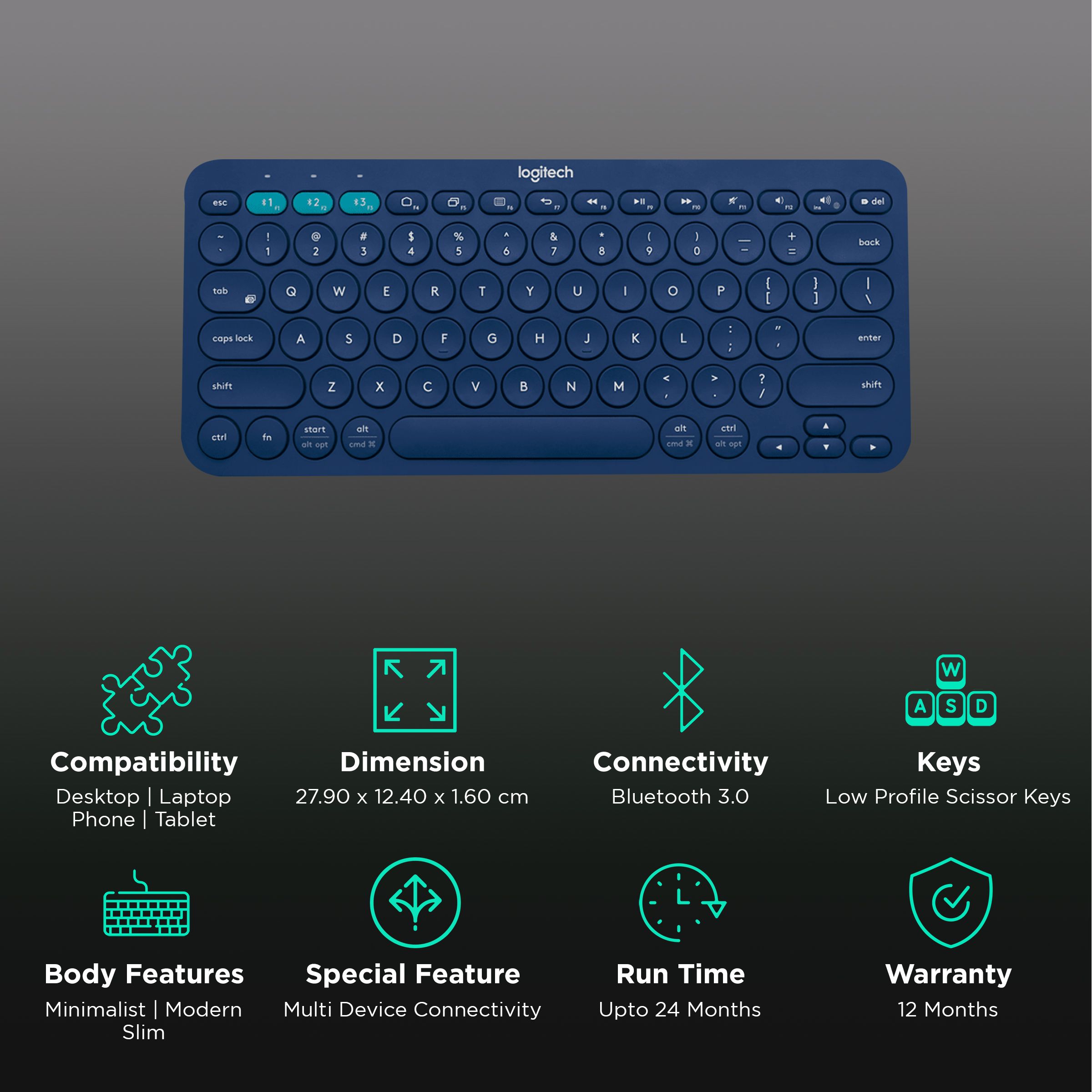 logitech K380 Bluetooth 3.0 Wireless Keyboard with Multi Device Connectivity (Low Profile Scissor Keys, Blue)_2