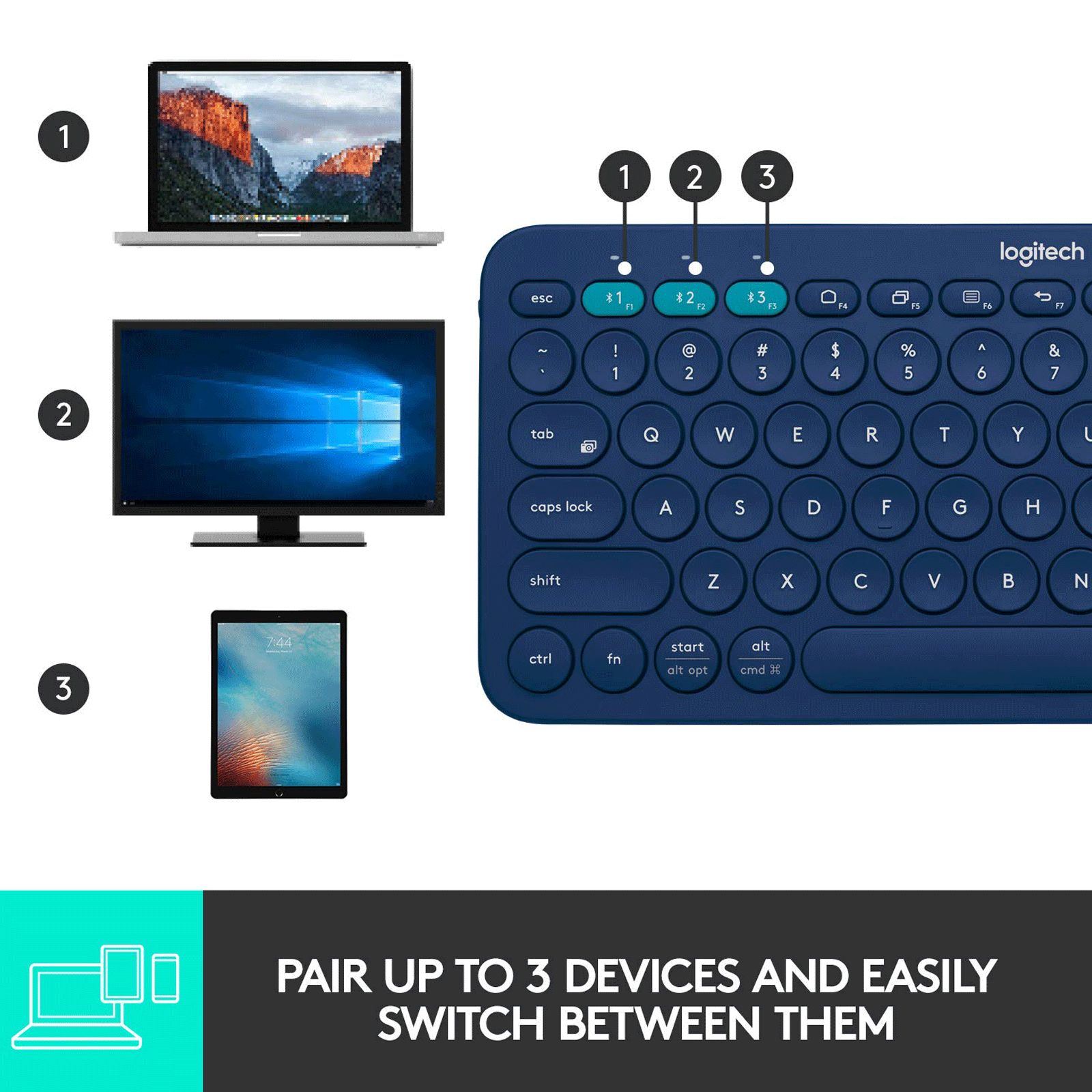 logitech K380 Bluetooth 3.0 Wireless Keyboard with Multi Device Connectivity (Low Profile Scissor Keys, Blue)_7