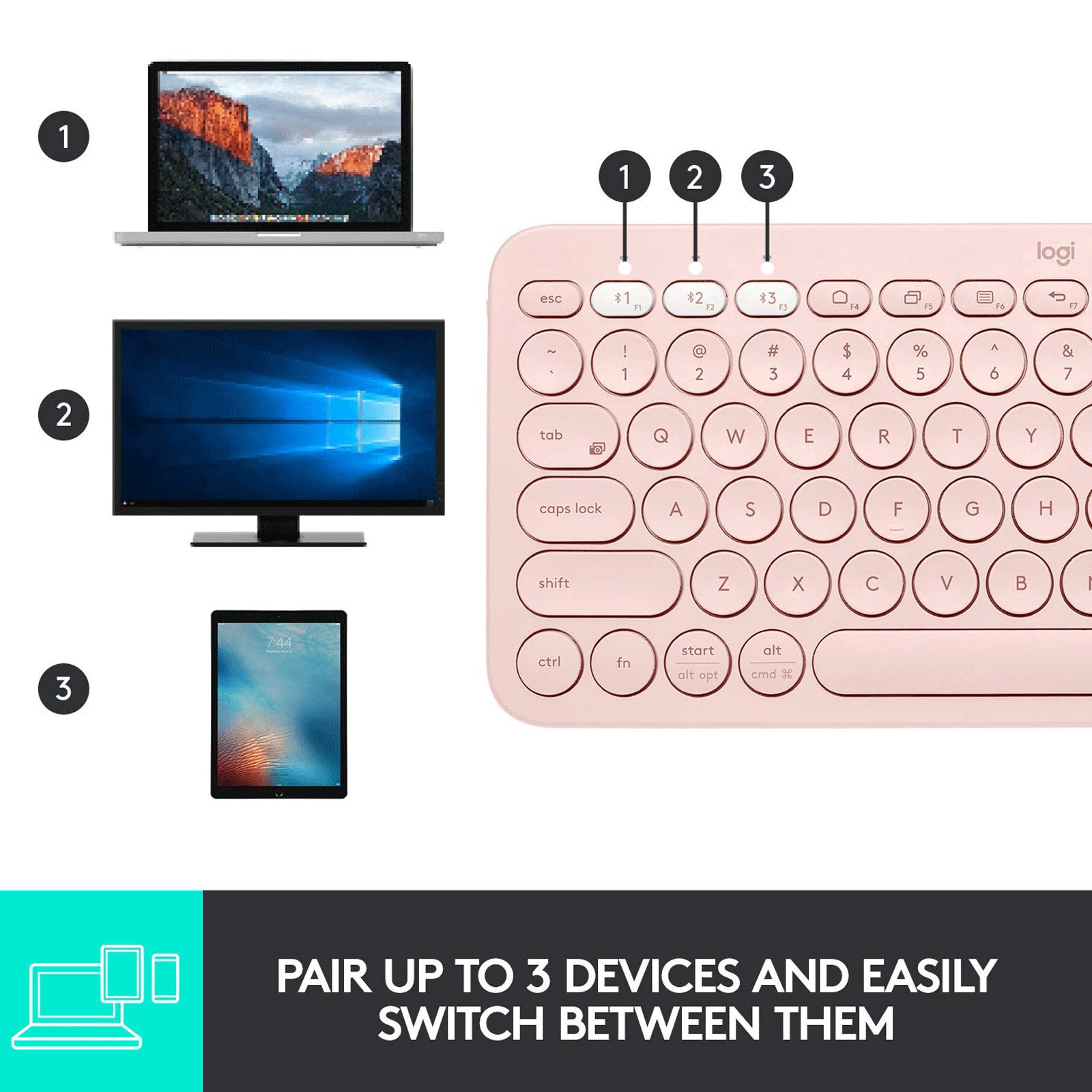 logitech K380 Bluetooth 3.0 Wireless Keyboard with Multi Device Connectivity (Low Profile Scissor Keys, Rose) logitech K380 Bluetooth 3.0 Wireless Keyboard with Multi Device Connectivity (Low Profile Scissor Keys, Rose)_8