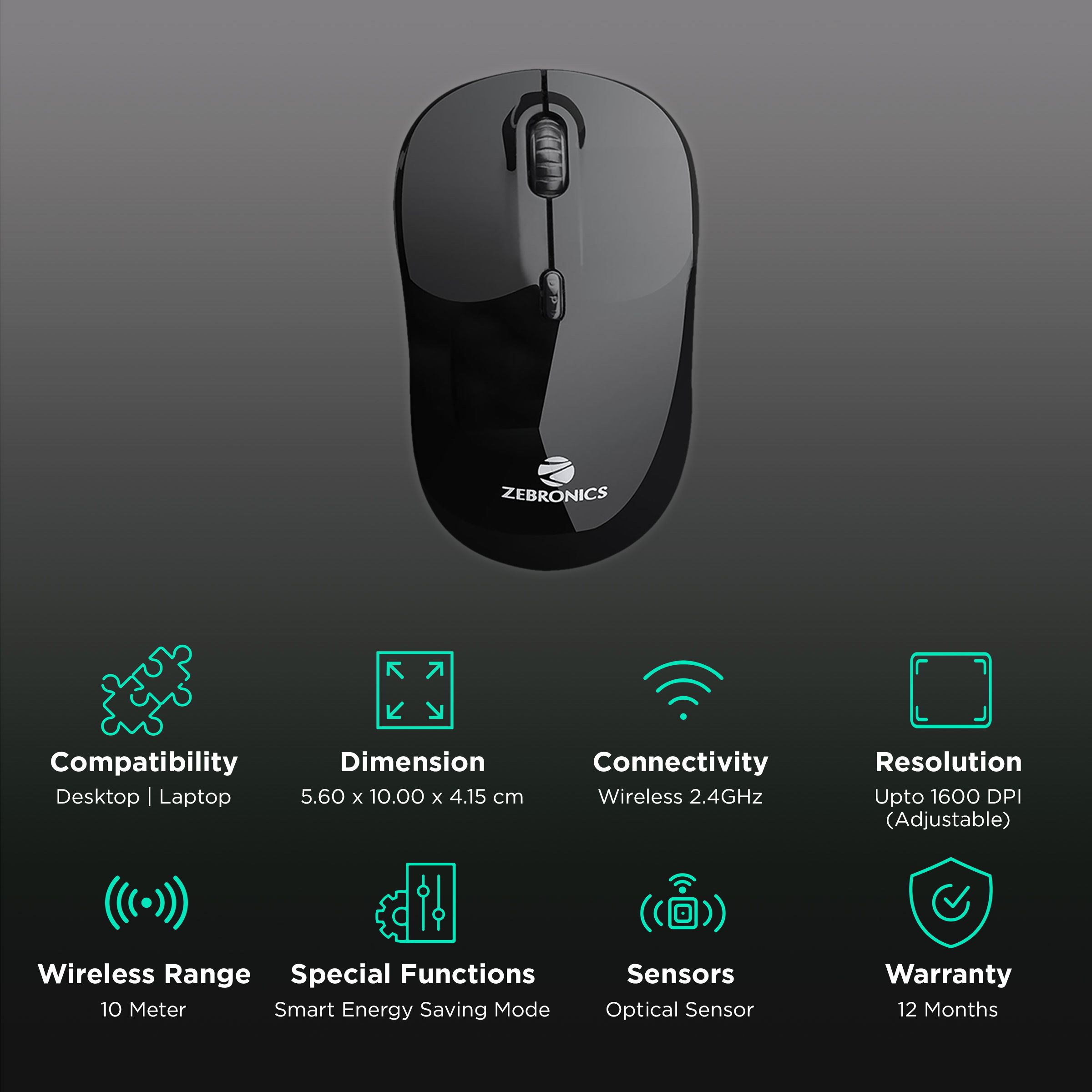 ZEBRONICS Zeb-Shine Wireless Optical Mouse (1600 DPI Adjustable, Smart Energy Saving Mode, Black) ZEBRONICS Zeb-Shine Wireless Optical Mouse (1600 DPI Adjustable, Smart Energy Saving Mode, Black)_2