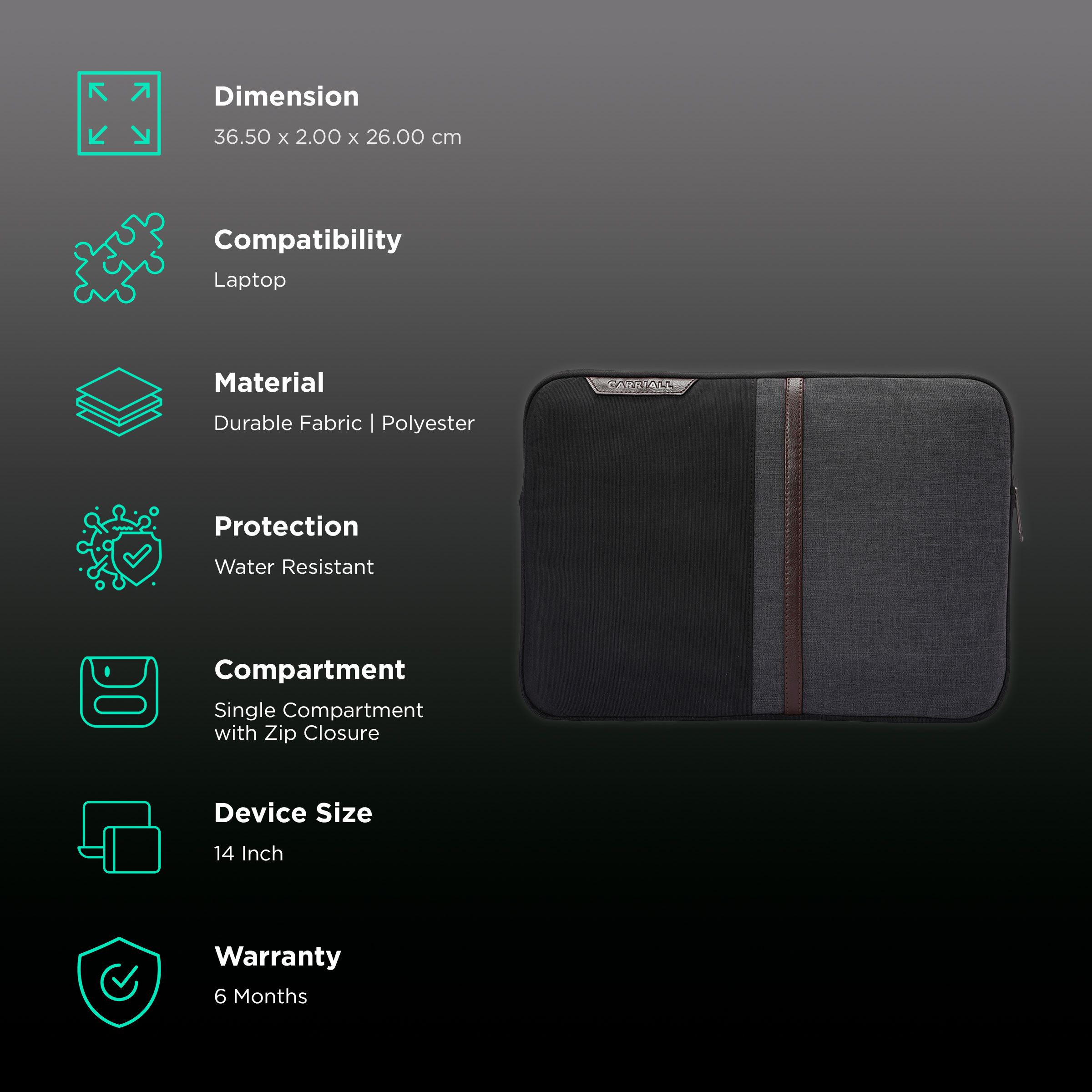 Carriall Suave Fabric, Polyester Laptop Sleeve for 14 Inch Laptop (2 L, Water Resistant, Black/Grey) Carriall Suave Fabric, Polyester Laptop Sleeve for 14 Inch Laptop (2 L, Water Resistant, Black/Grey)_3