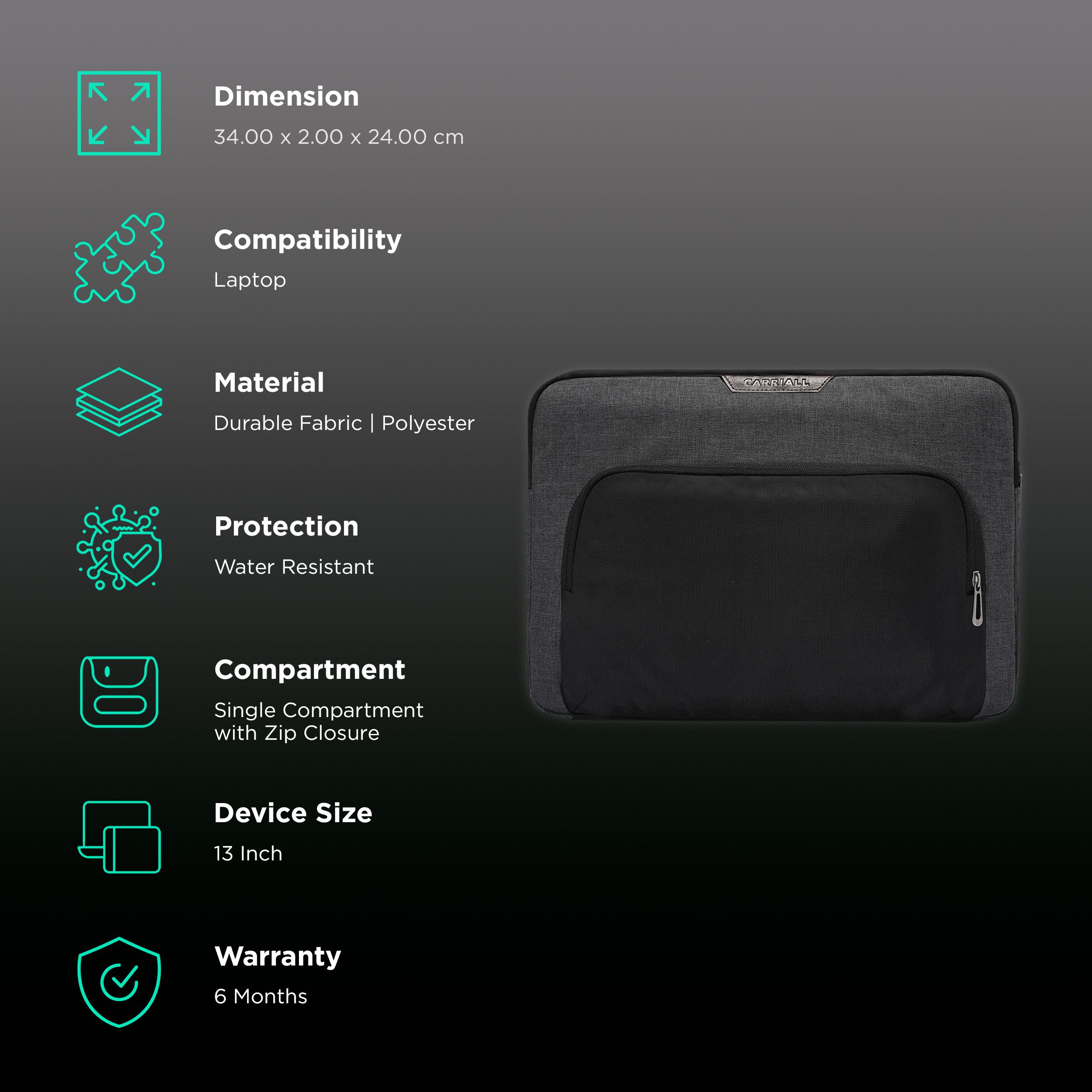 Carriall Noble Fabric, Polyester Laptop Sleeve for 13 Inch Laptop (Water Resistant, Black/Grey) Carriall Noble Fabric, Polyester Laptop Sleeve for 13 Inch Laptop (Water Resistant, Black/Grey)_3