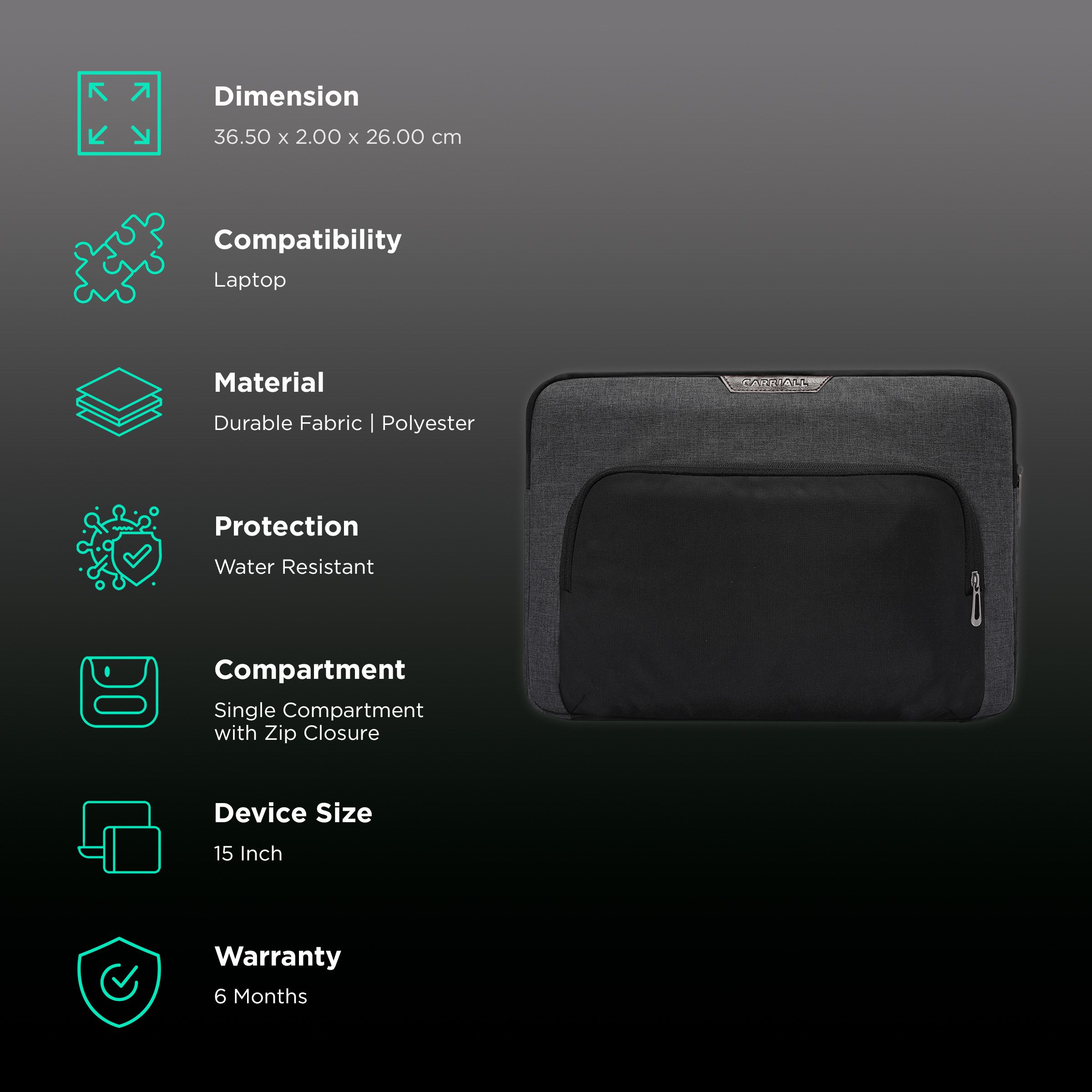 Carriall Noble Fabric, Polyester Laptop Sleeve for 15 Inch Laptop (Water Resistant, Black/Grey)_3
