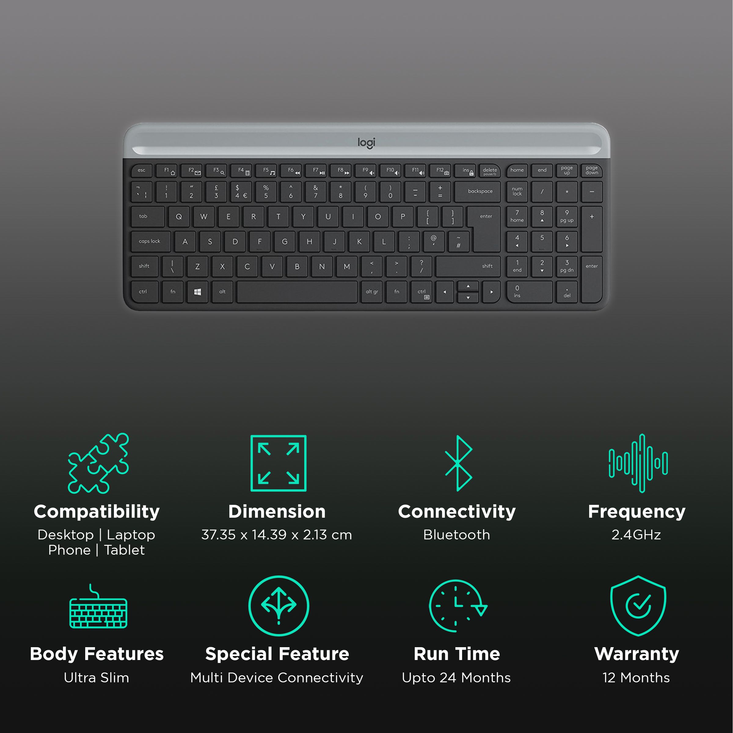 logitech K580 Bluetooth & 2.4GHz Wireless Keyboard with Multi Device Connectivity (Ultra-Slim Profile, Black) logitech K580 Bluetooth & 2.4GHz Wireless Keyboard with Multi Device Connectivity (Ultra-Slim Profile, Black)_2