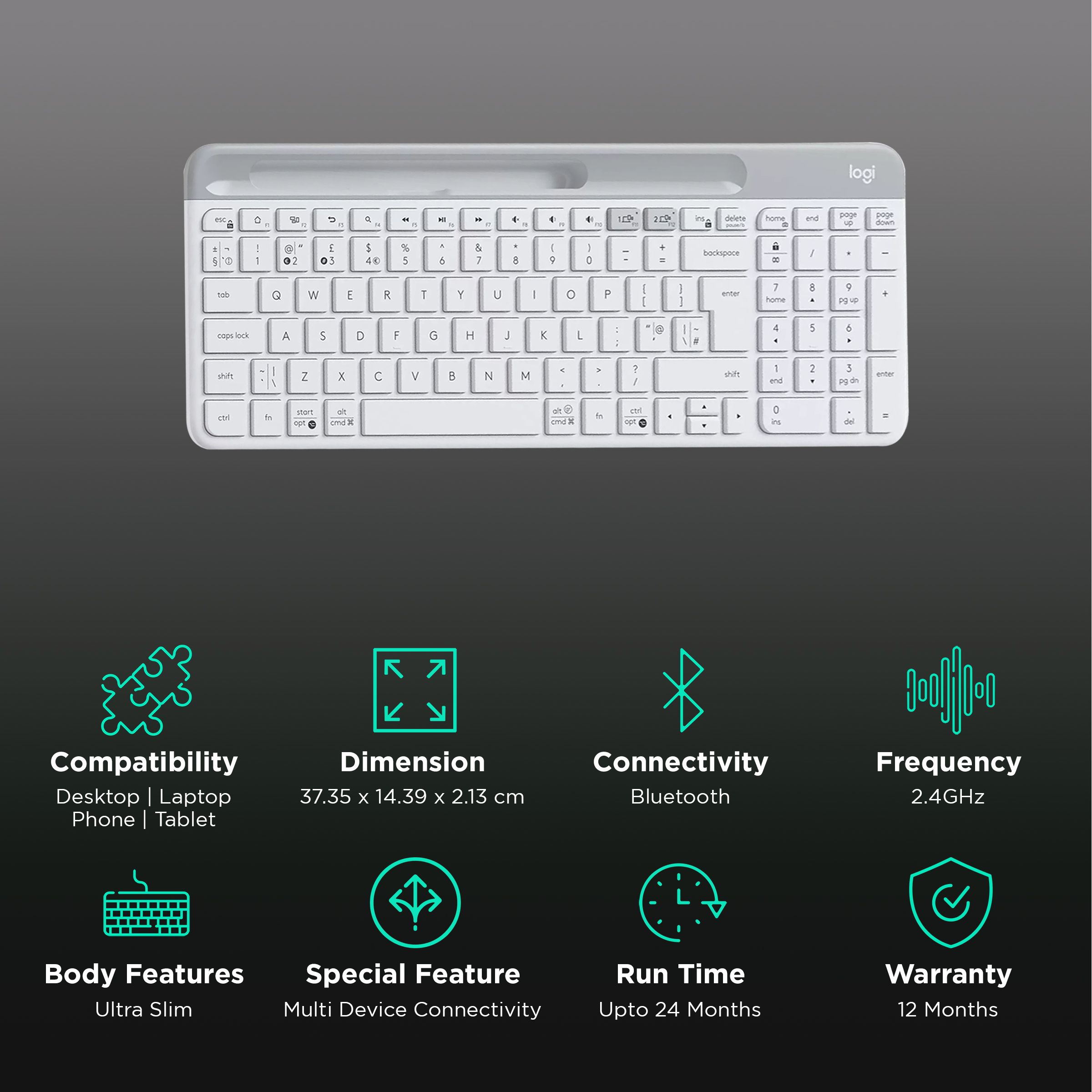 logitech K580 Bluetooth & 2.4GHz Wireless Keyboard with Multi Device Connectivity (Ultra-Slim Profile, White) logitech K580 Bluetooth & 2.4GHz Wireless Keyboard with Multi Device Connectivity (Ultra-Slim Profile, White)_2