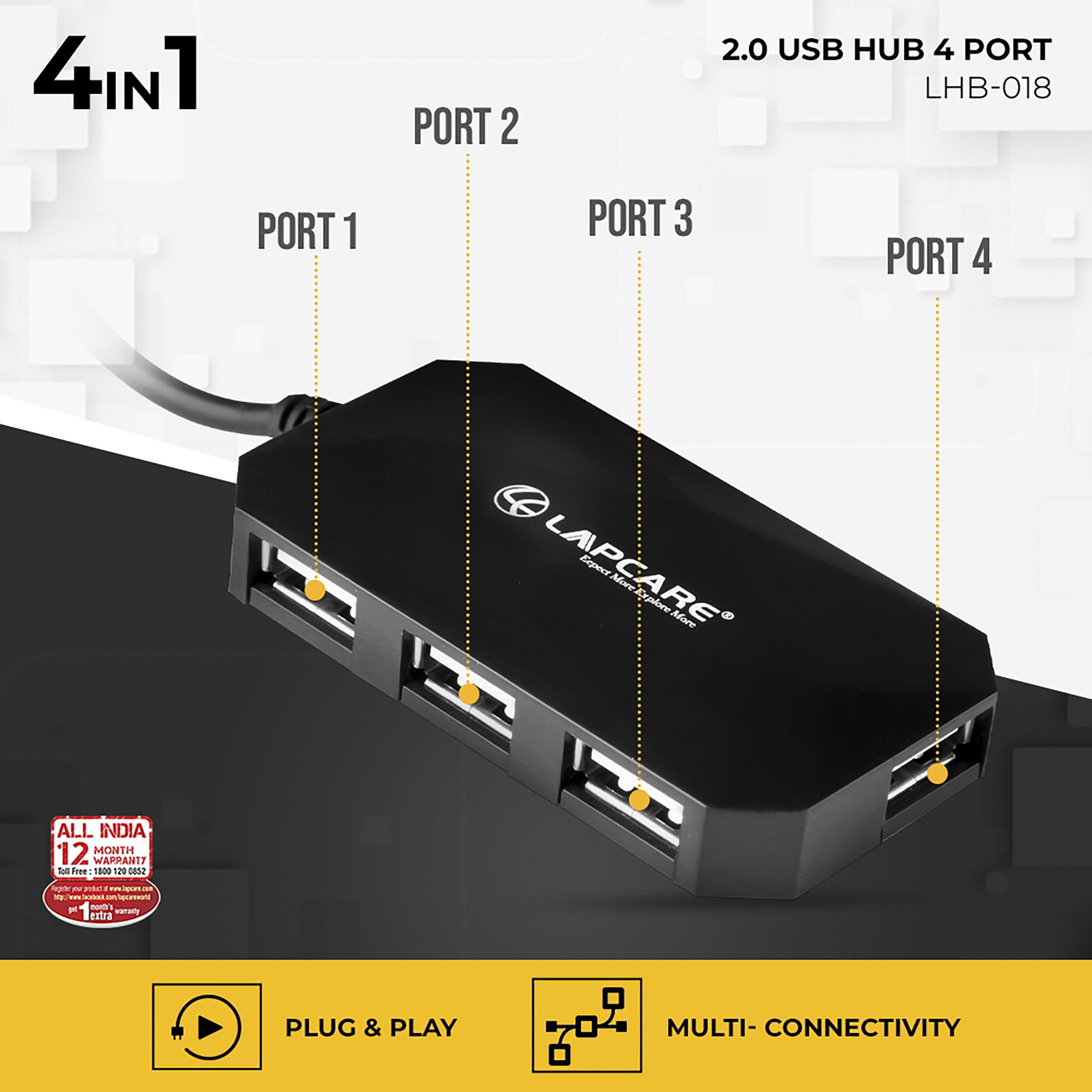 LAPCARE 4-in-1 USB 2.0 Type A to USB 2.0 Type A USB Hub (Over-Current Protection, Black) LAPCARE 4-in-1 USB 2.0 Type A to USB 2.0 Type A USB Hub (Over-Current Protection, Black)_8