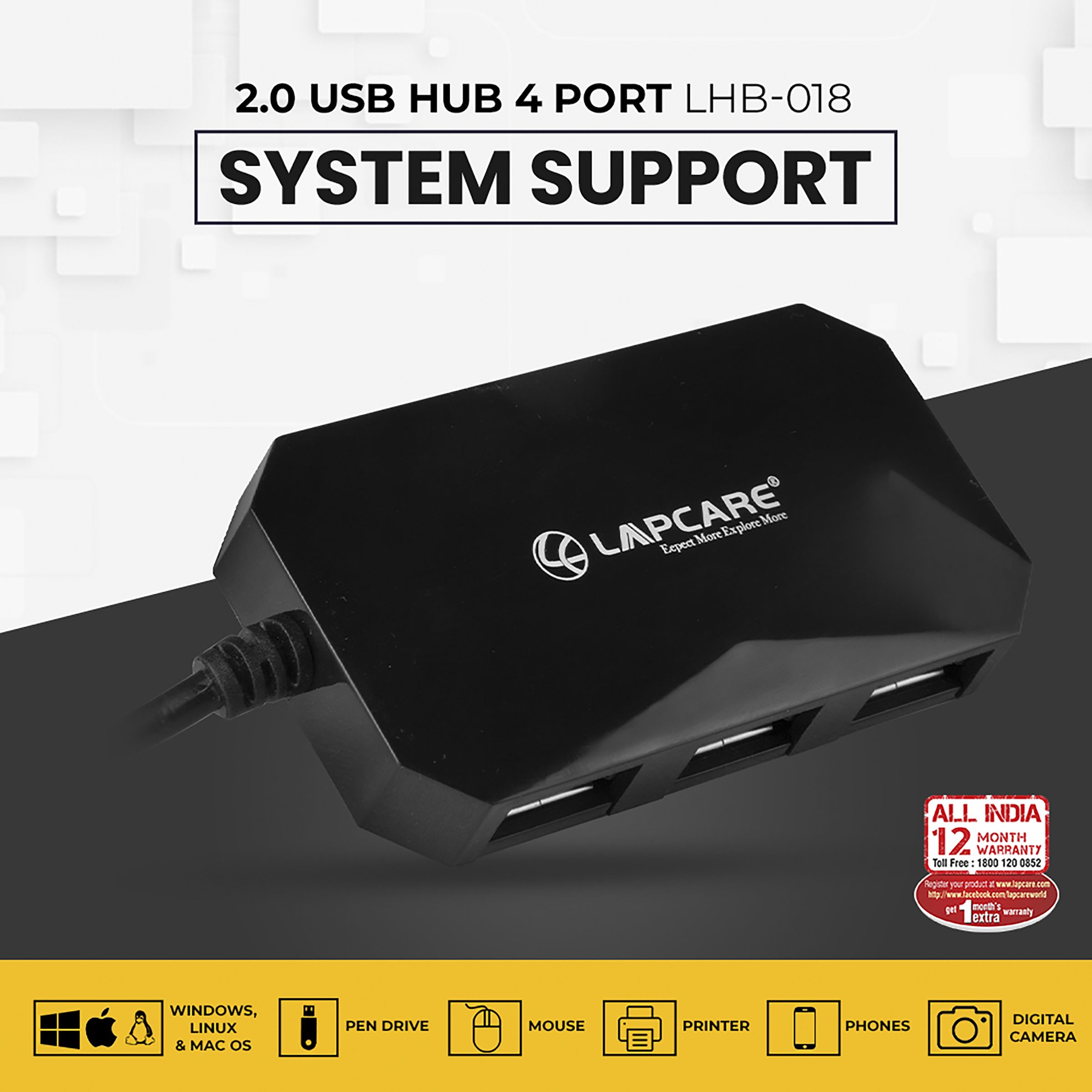 LAPCARE 4-in-1 USB 2.0 Type A to USB 2.0 Type A USB Hub (Over-Current Protection, Black) LAPCARE 4-in-1 USB 2.0 Type A to USB 2.0 Type A USB Hub (Over-Current Protection, Black)_5
