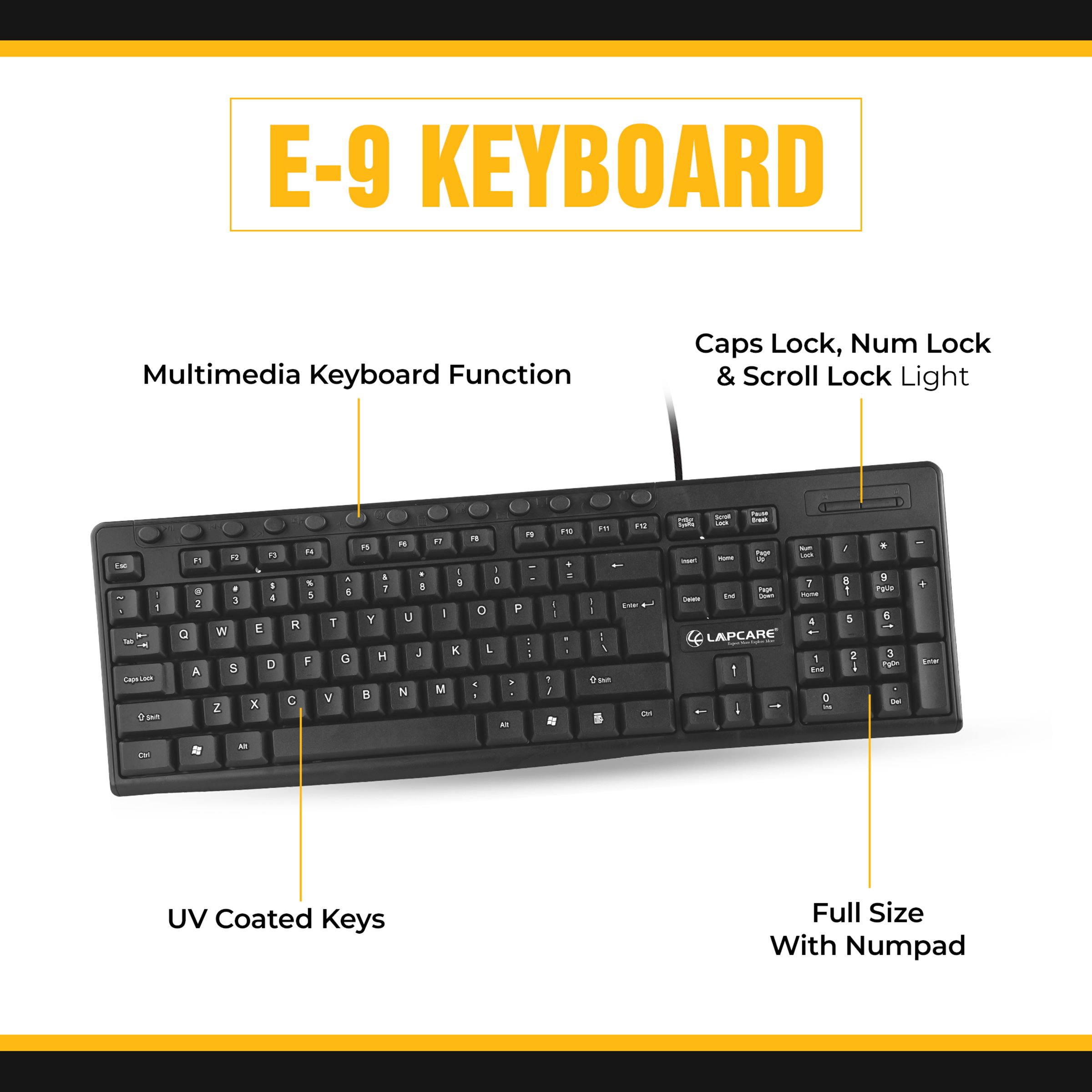 LAPCARE E9 Wired Keyboard with Number Pad (Spill Resistant, Black)_8